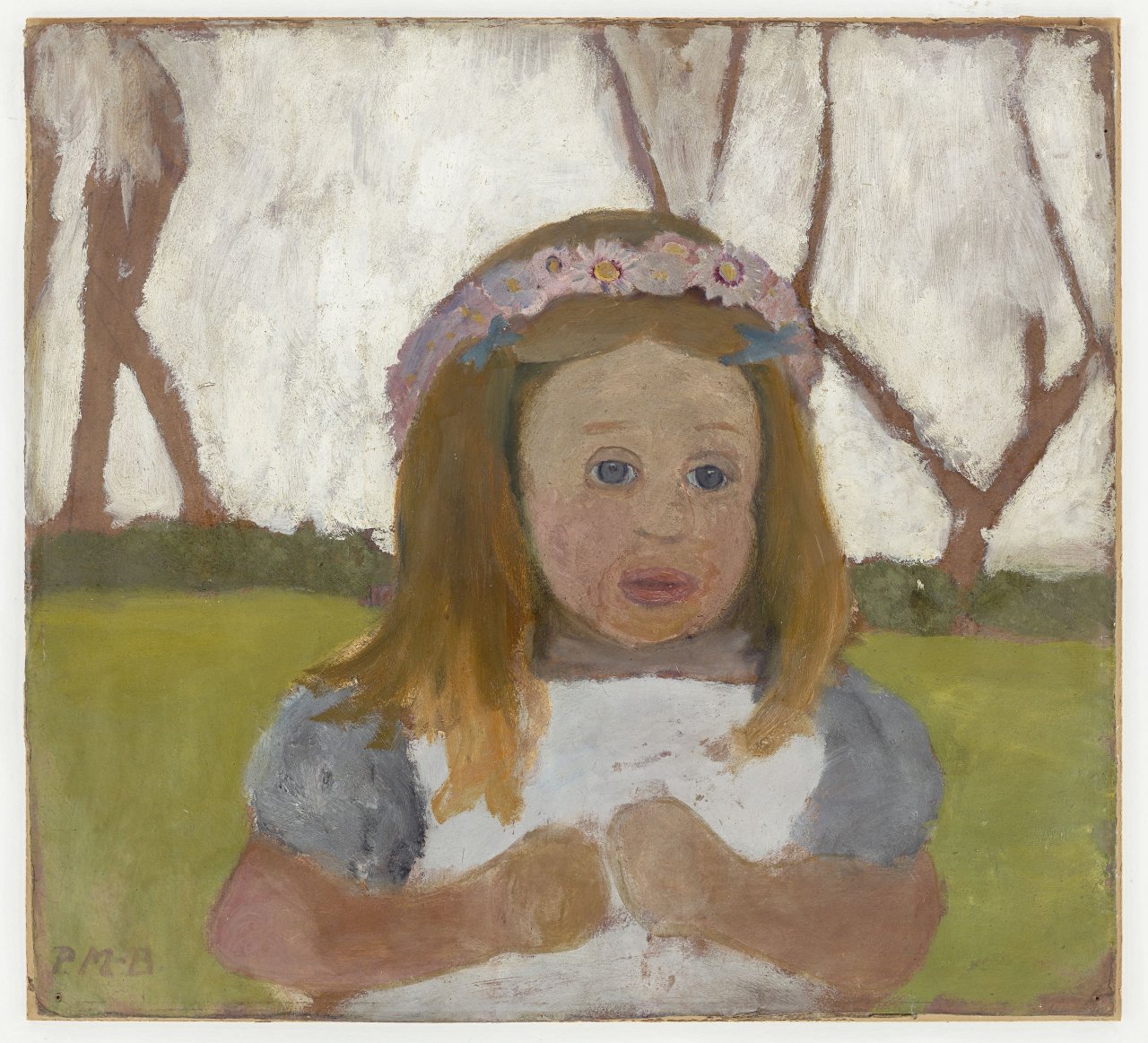 Auf diesem Bild ist das folgende Kunstwerk zu sehen: Paula Modersohn-Becker. „Brustbild Elsbeth mit Margeriten im Haar“. Um 1901.