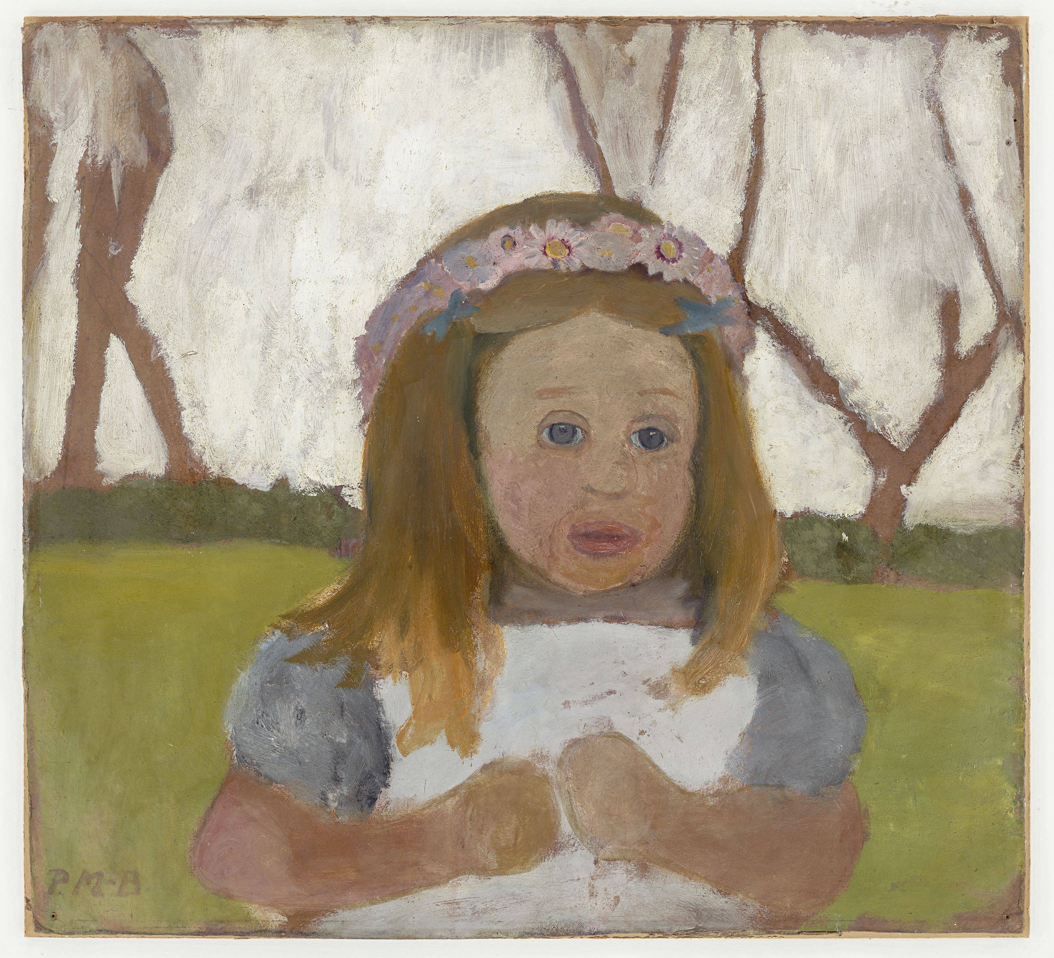 Auf diesem Bild ist das folgende Kunstwerk zu sehen: Paula Modersohn-Becker. „Brustbild Elsbeth mit Margeriten im Haar“. Um 1901.