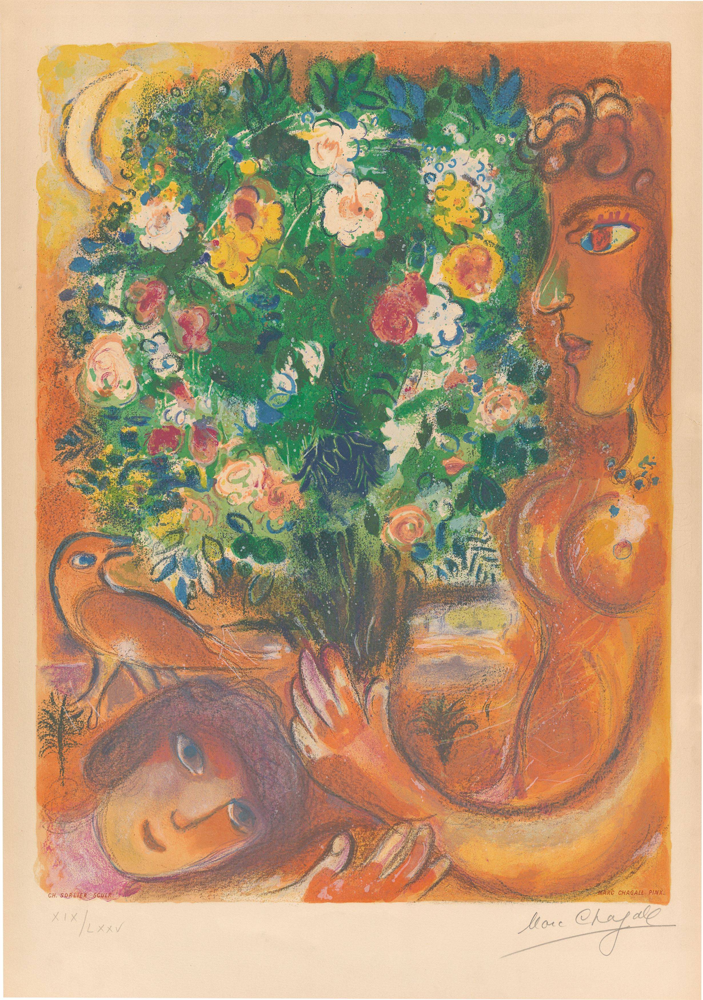 Auf diesem Bild ist das folgende Kunstwerk zu sehen: Marc Chagall. „Femme au bouquet“. 1967.