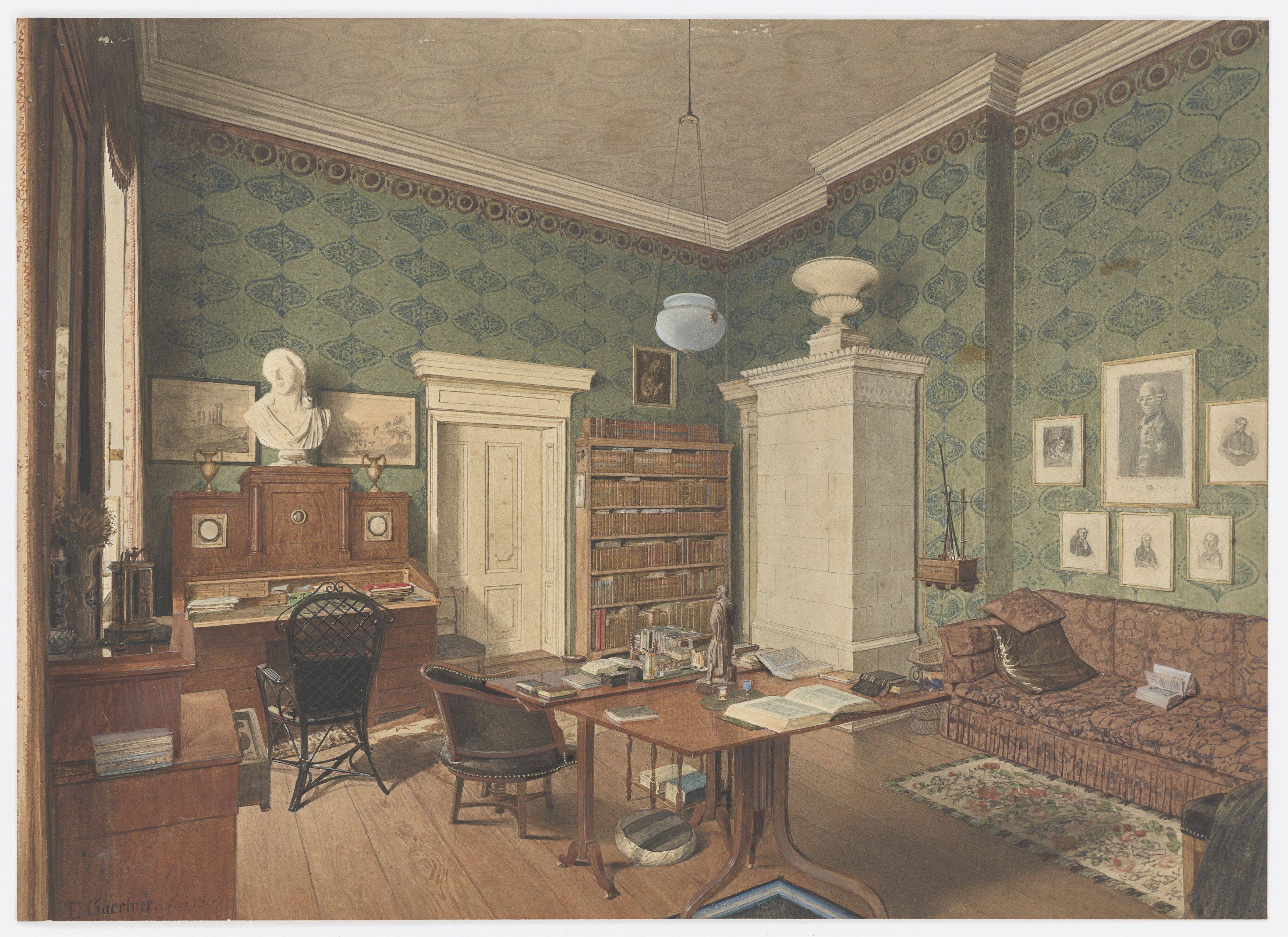 Auf diesem Bild ist das folgende Kunstwerk zu sehen: Eduard Gaertner. „Zimmer des Direktors im Joachimsthalschen Gymnasium“. 1857.