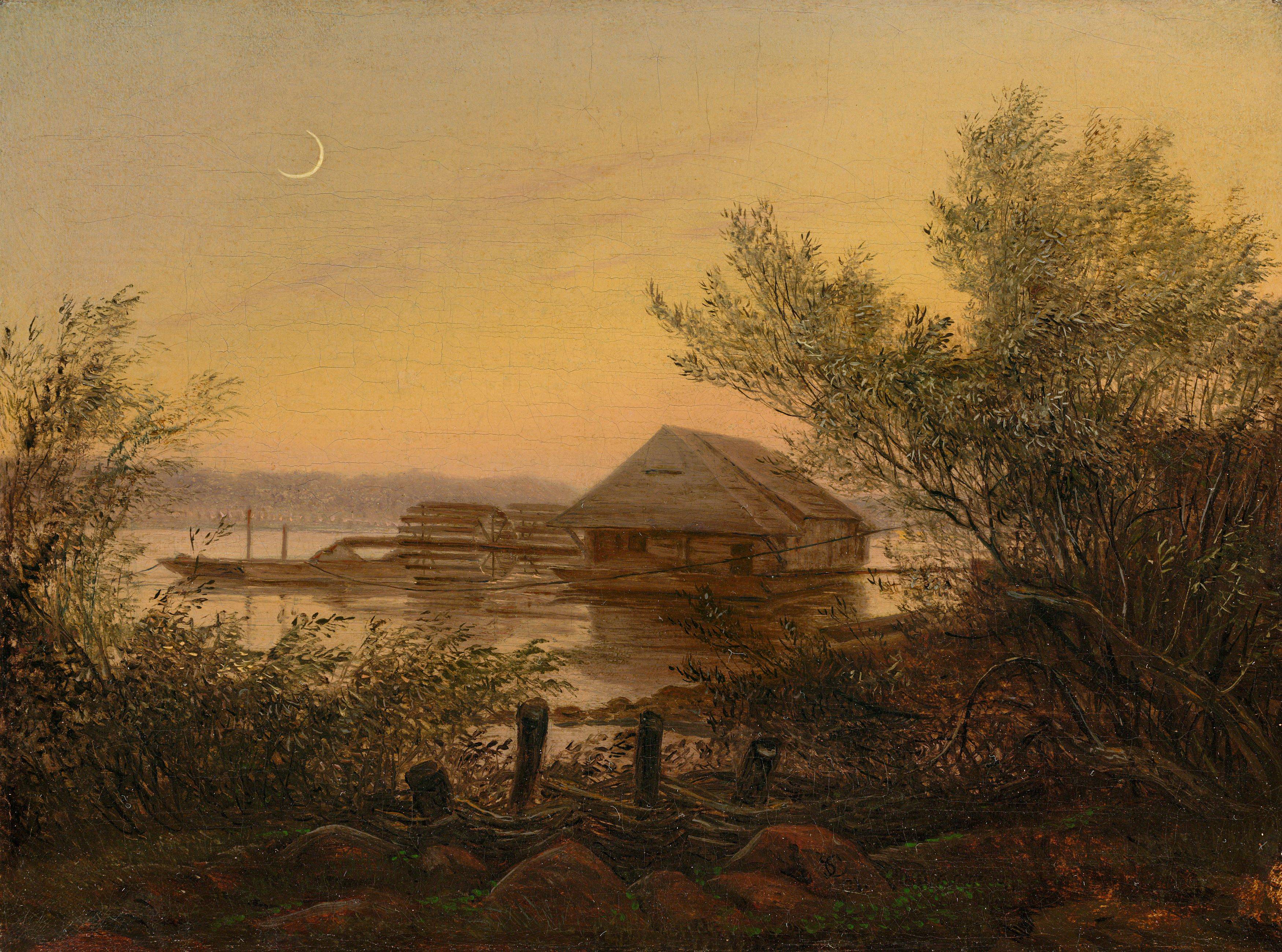 Auf diesem Bild ist das folgende Kunstwerk zu sehen: Carl Gustav Carus. Schiffsmühle auf der Elbe bei Dresden. Um 1826.