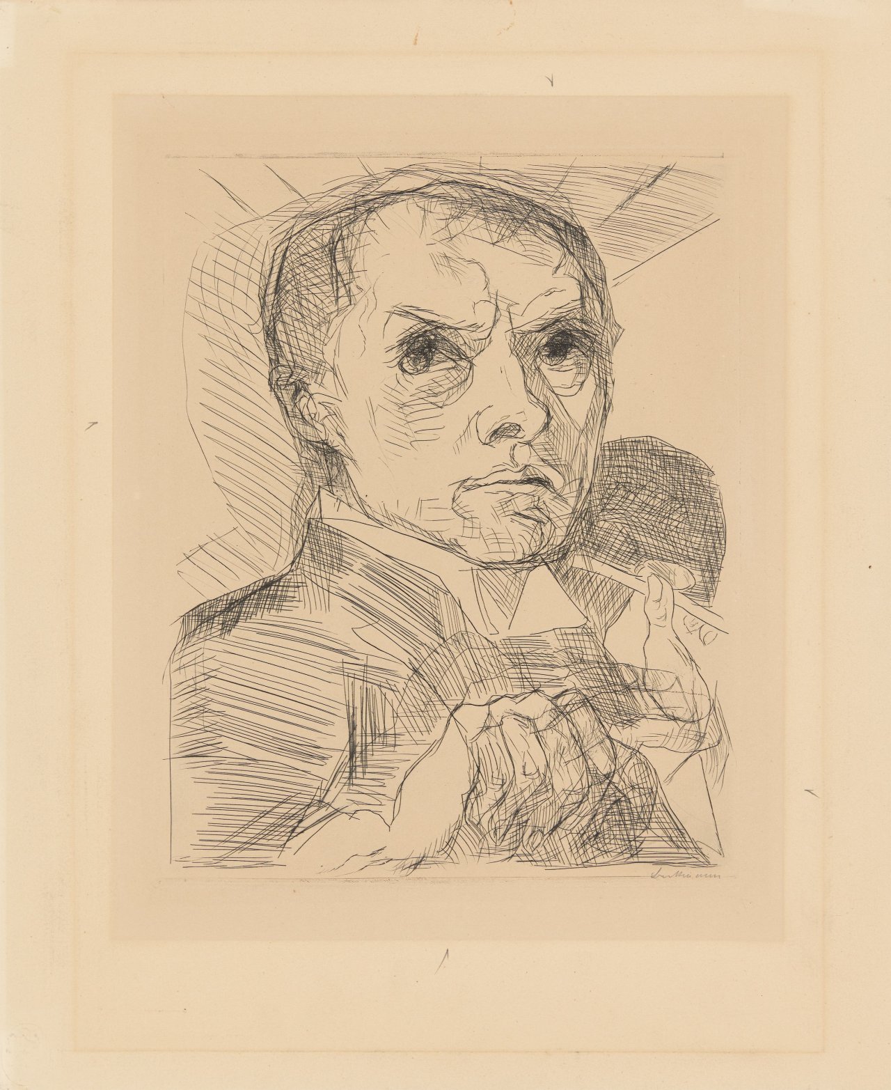 Auf diesem Bild ist das folgende Kunstwerk zu sehen: Max Beckmann. „Selbstbildnis mit Griffel“. Um 1916.