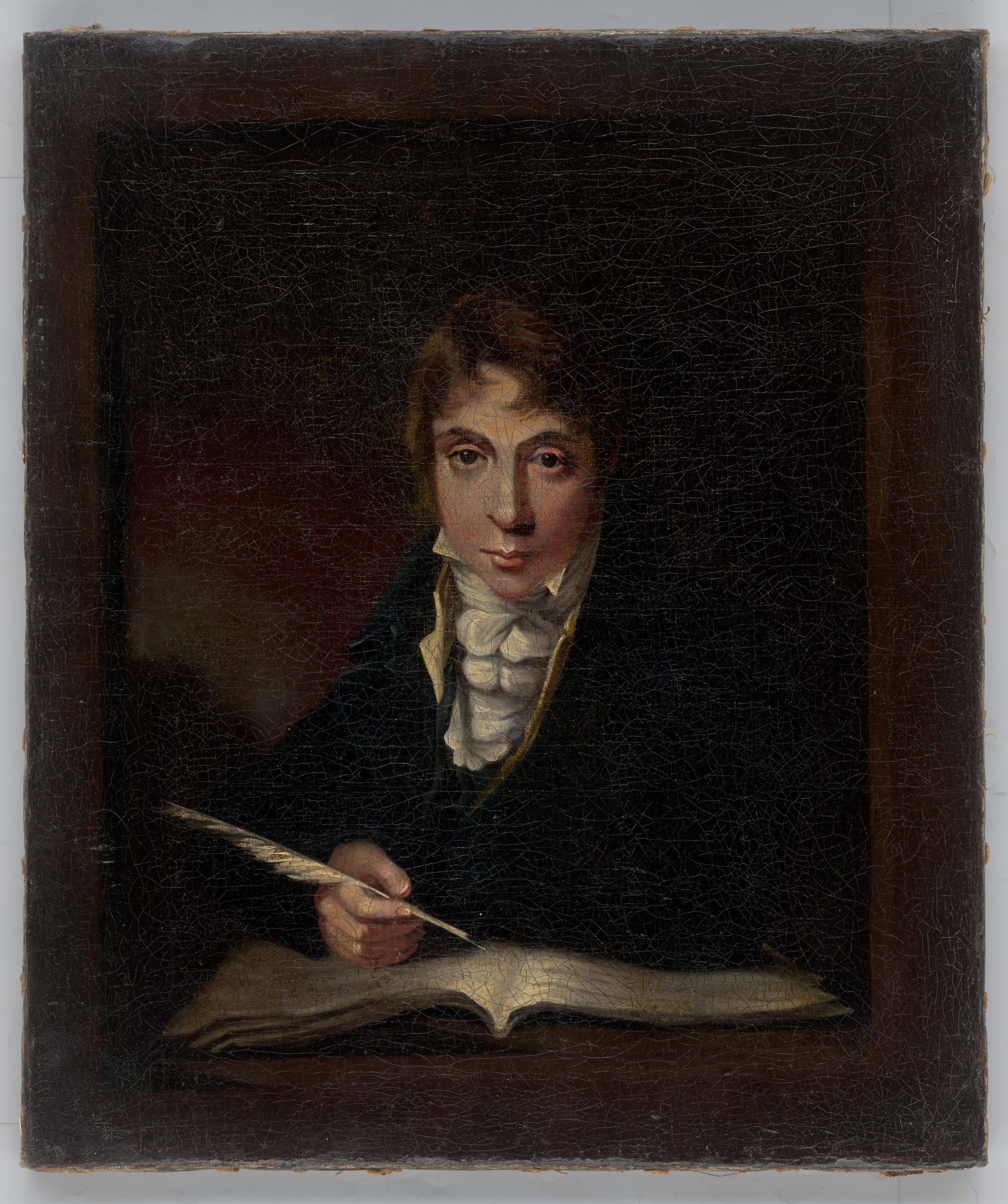 This picture shows the following artwork:  English, um 1800. Portrait of a young man with quill.