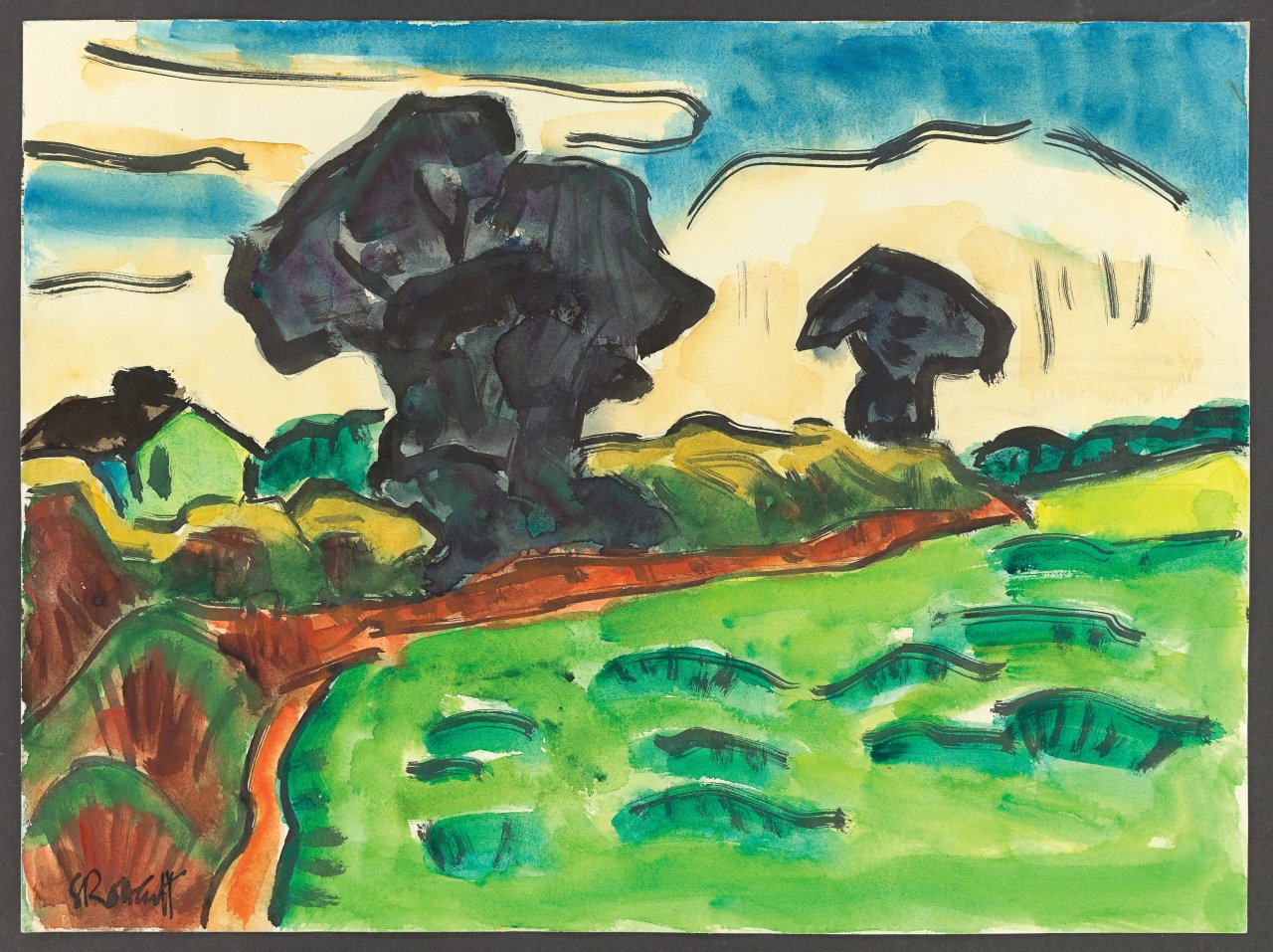 Auf diesem Bild ist das folgende Kunstwerk zu sehen: Karl Schmidt-Rottluff. „Landschaft mit dunklen Bäumen“. Um 1962.