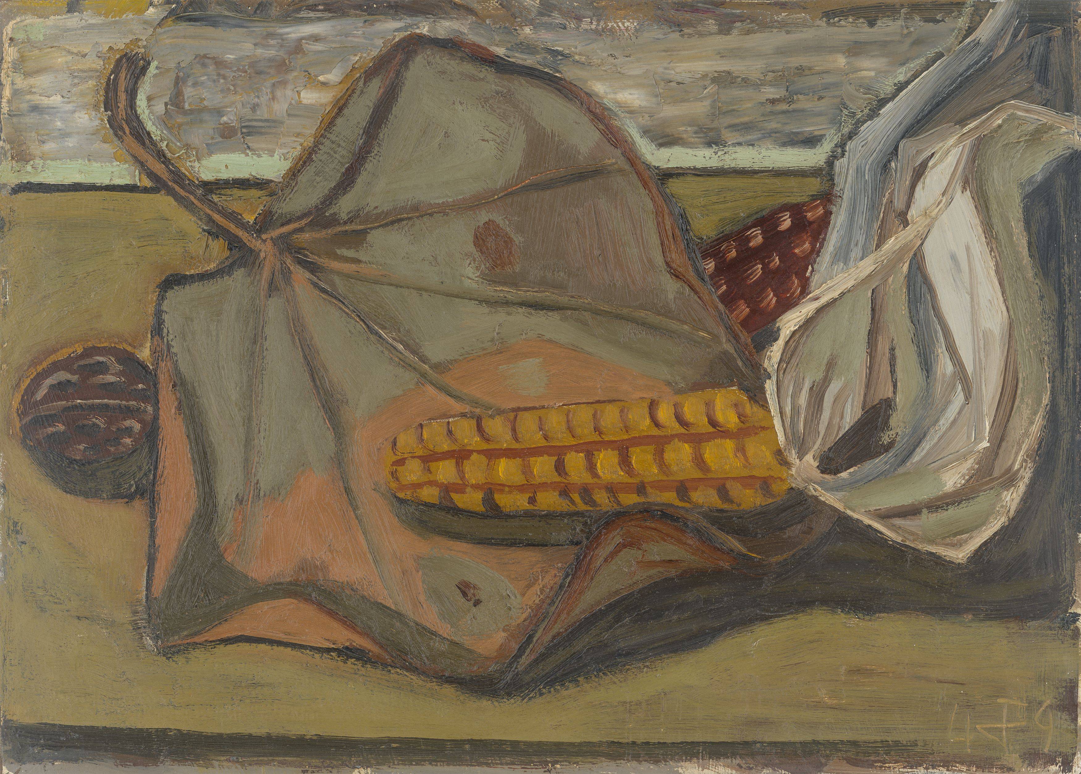 This picture shows the following artwork: Otto Dix. ”Stilleben mit Maiskolben und Blättern”. 1949.