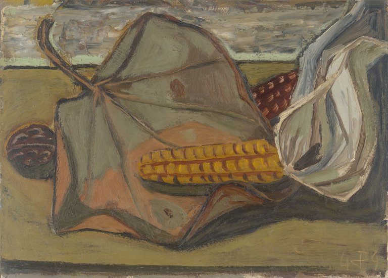 This picture shows the following artwork: Otto Dix. ”Stilleben mit Maiskolben und Blättern”. 1949.
