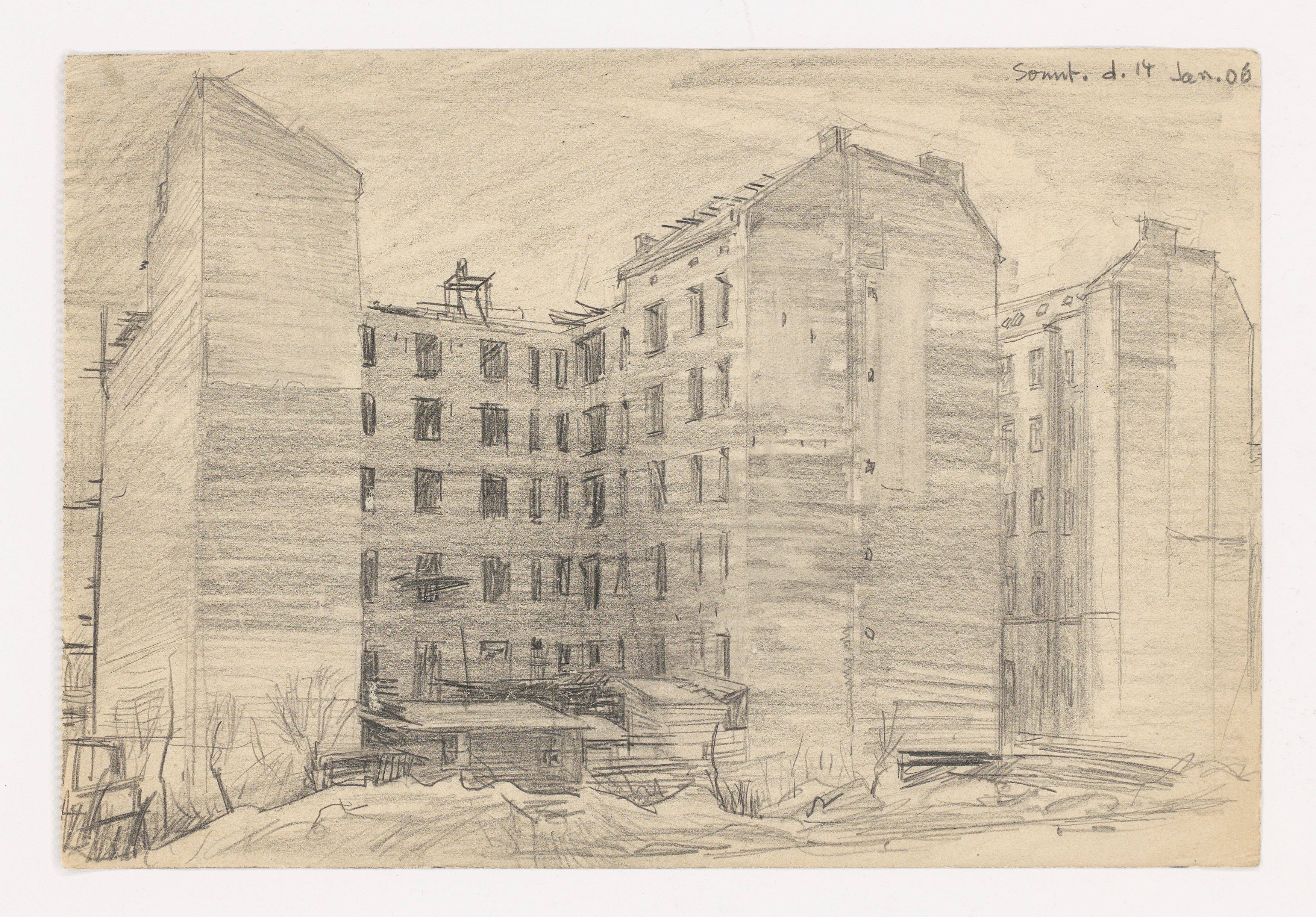 Auf diesem Bild ist das folgende Kunstwerk zu sehen: Lyonel Feininger. „Wohnhäuser, Berlin (Apartment Buildings, Berlin)“. 1906.
