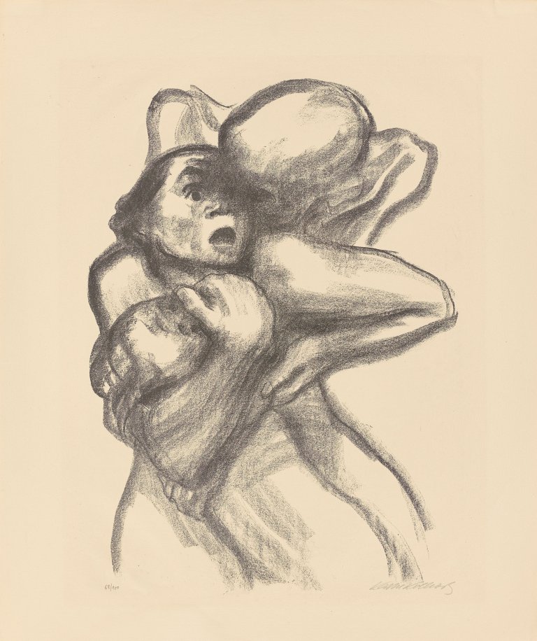 Auf diesem Bild ist das folgende Kunstwerk zu sehen: Käthe Kollwitz. „Tod packt eine Frau“. 1934.