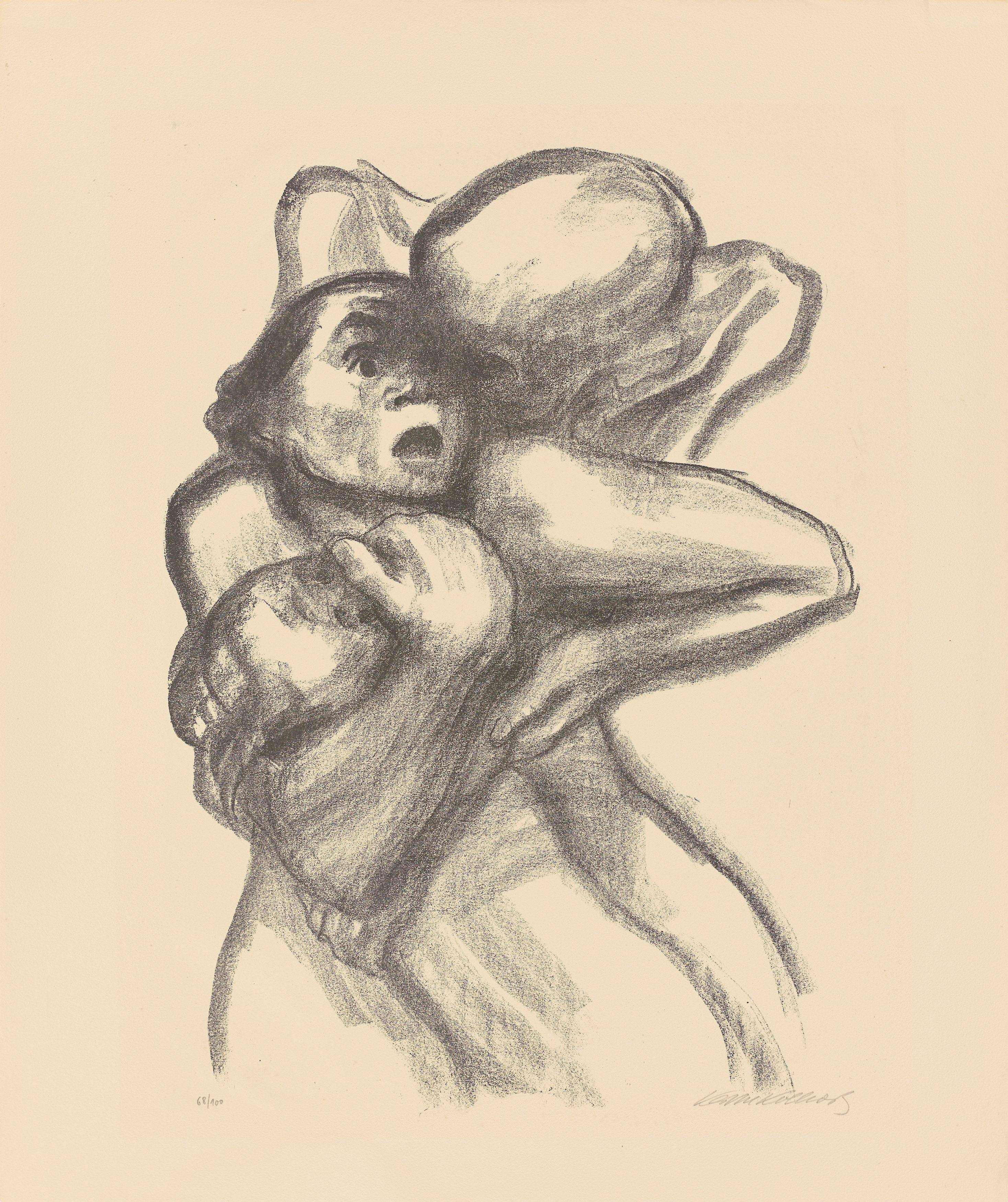 Auf diesem Bild ist das folgende Kunstwerk zu sehen: Käthe Kollwitz. „Tod packt eine Frau“. 1934.