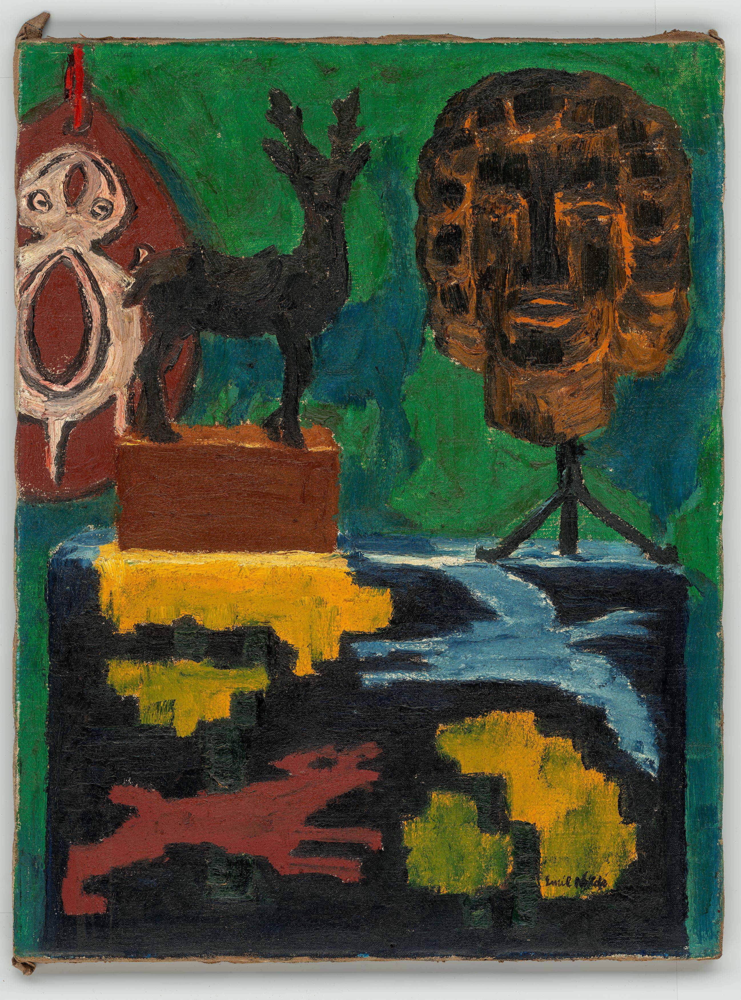 This picture shows the following artwork: Emil Nolde. ”Stilleben P (Grüner Hintergrund, Hirsch, Kopf)”. 1915.