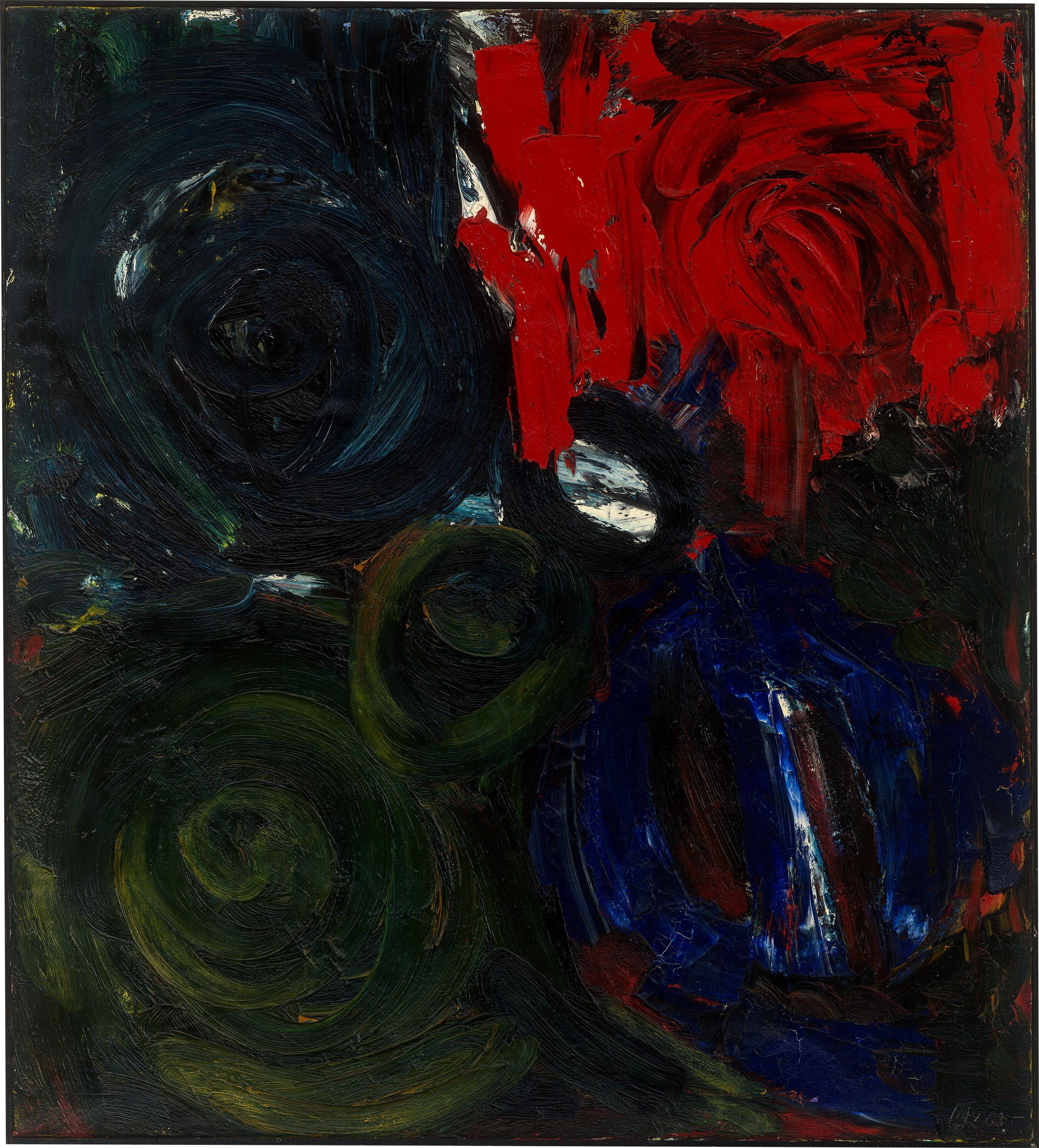 Auf diesem Bild ist das folgende Kunstwerk zu sehen: Ernst Wilhelm Nay. „Im Dunkel – Feuer“. 1963.