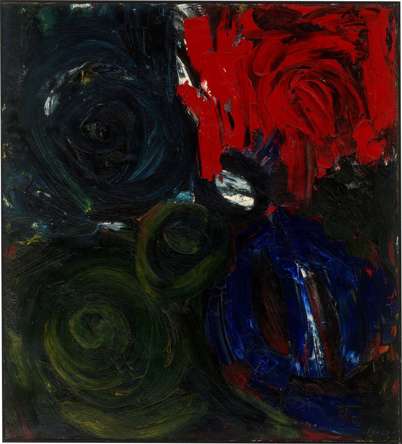 Auf diesem Bild ist das folgende Kunstwerk zu sehen: Ernst Wilhelm Nay. „Im Dunkel – Feuer“. 1963.