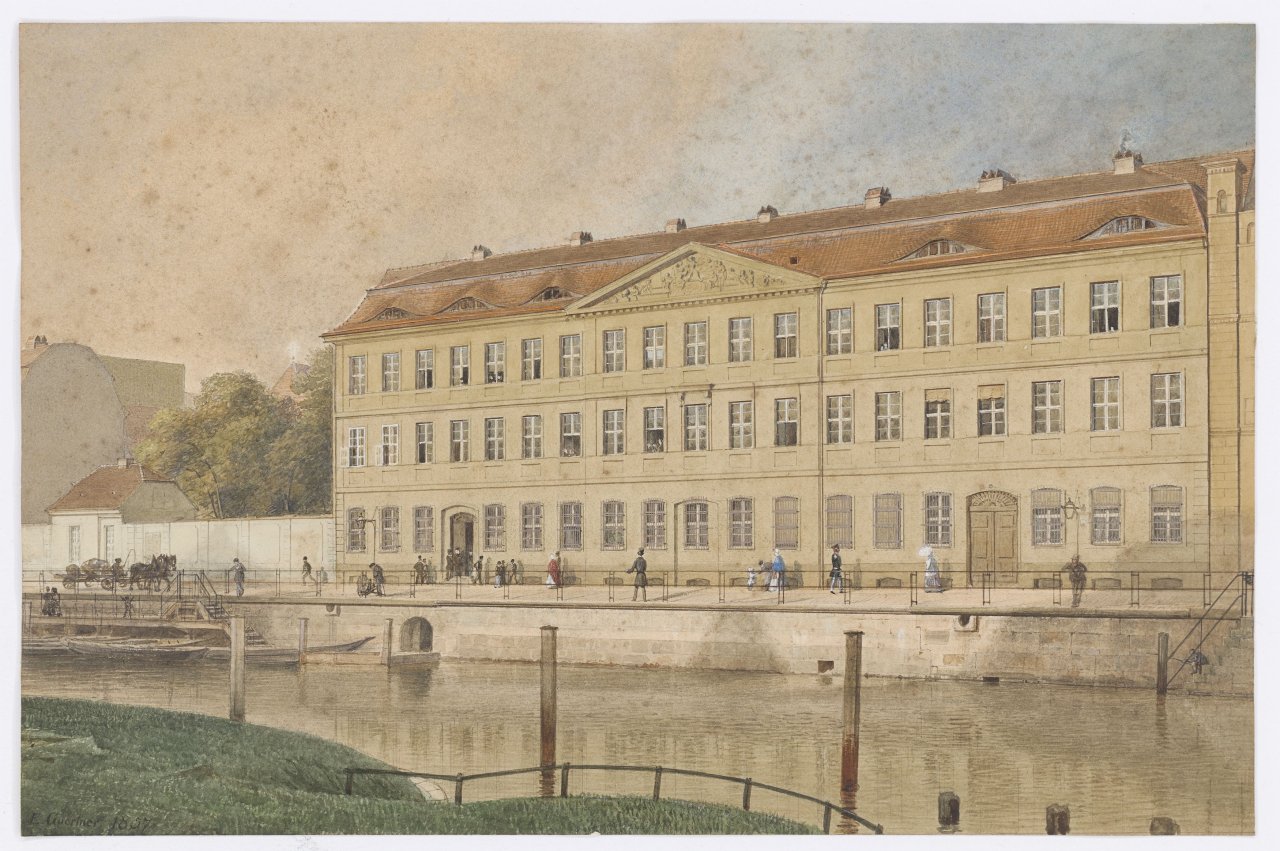 Auf diesem Bild ist das folgende Kunstwerk zu sehen: Eduard Gaertner. „Das Joachimsthalsche Gymnasium an der Burgstraße“. 1857.