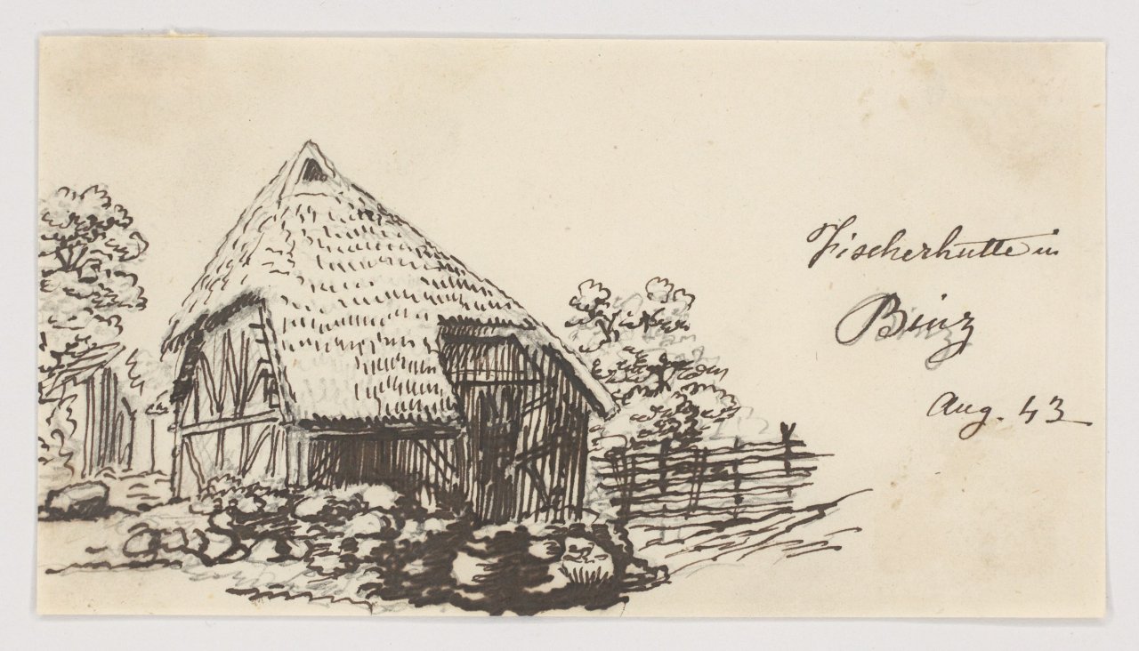 This picture shows the following artwork: Johan Christian Clausen Dahl. Two study drawings: Fishing boat mooring near Bergen / Fishing hut in Binz. 1843.