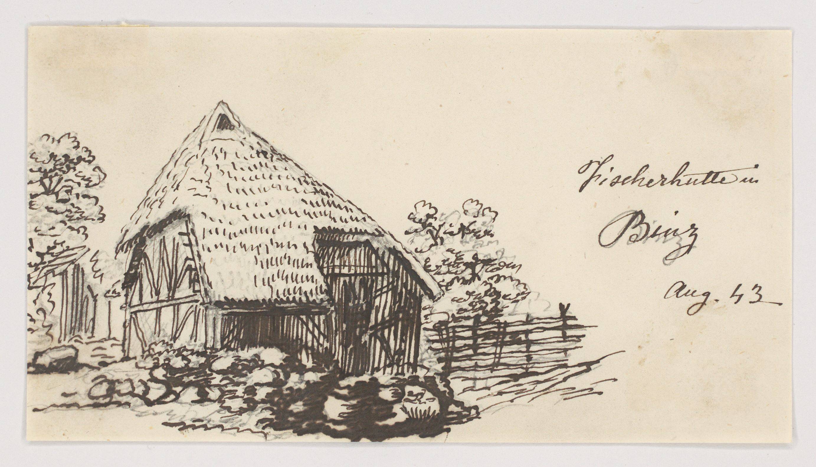 This picture shows the following artwork: Johan Christian Clausen Dahl. Two study drawings: Fishing boat mooring near Bergen / Fishing hut in Binz. 1843.