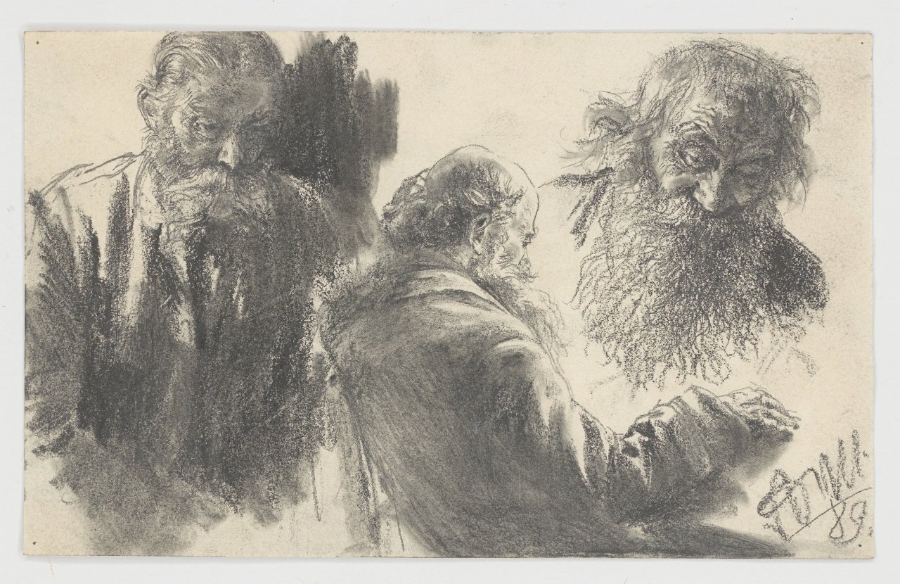 This picture shows the following artwork: Adolph Menzel. Study sheet with three sketches of a bearded man. 1889.