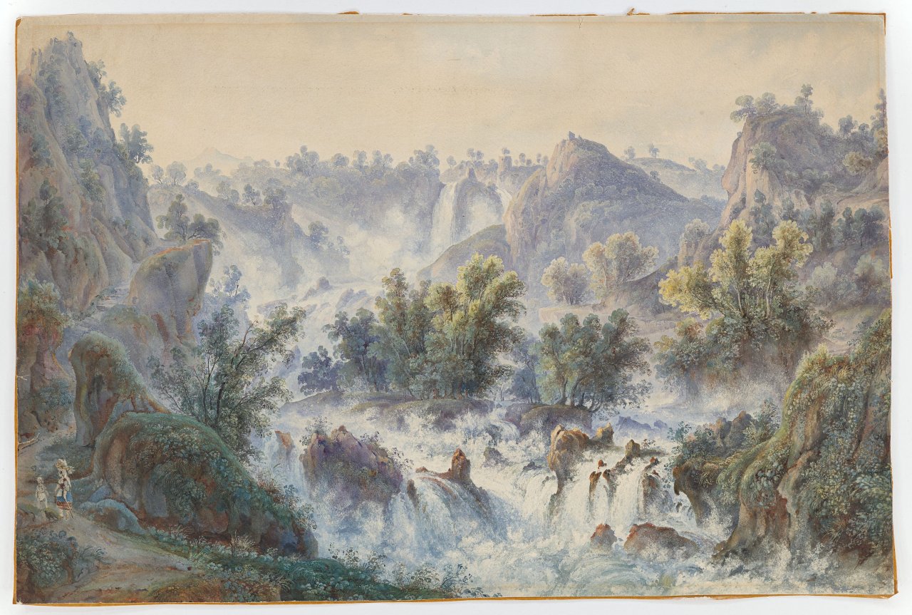 Auf diesem Bild ist das folgende Kunstwerk zu sehen: Edward Theodore Compton (?). Wasserfälle von Tivoli.