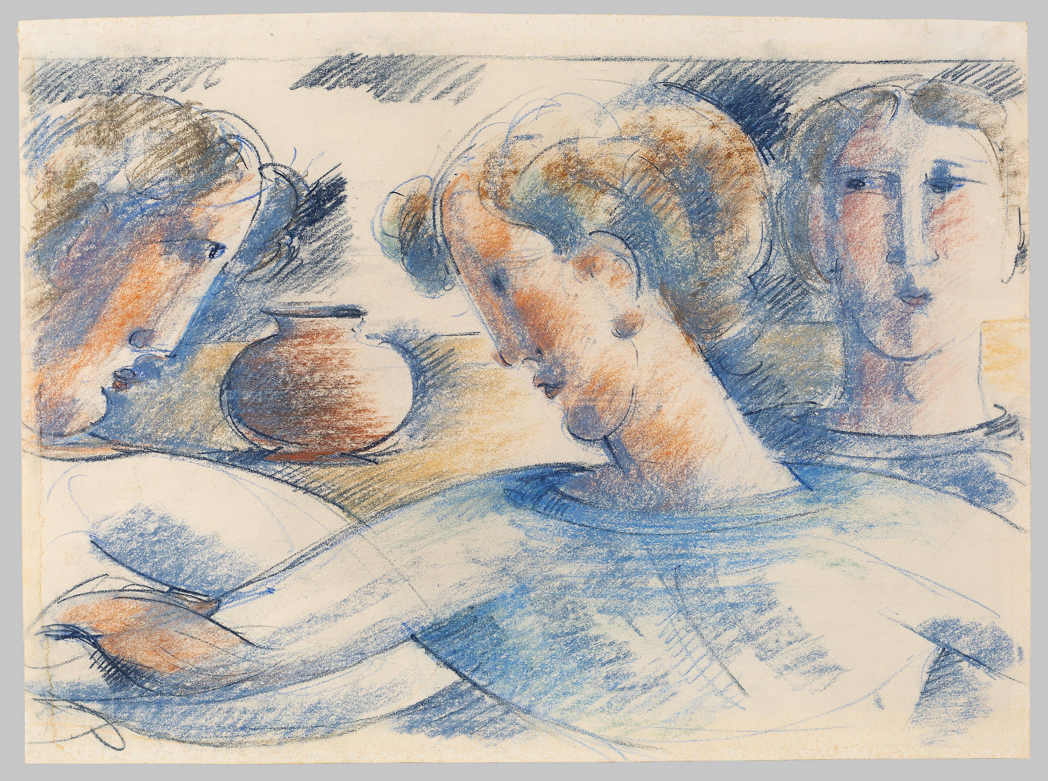 Auf diesem Bild ist das folgende Kunstwerk zu sehen: Oskar Schlemmer. „Freundesgruppe mit Tisch und Vase“. 1935.