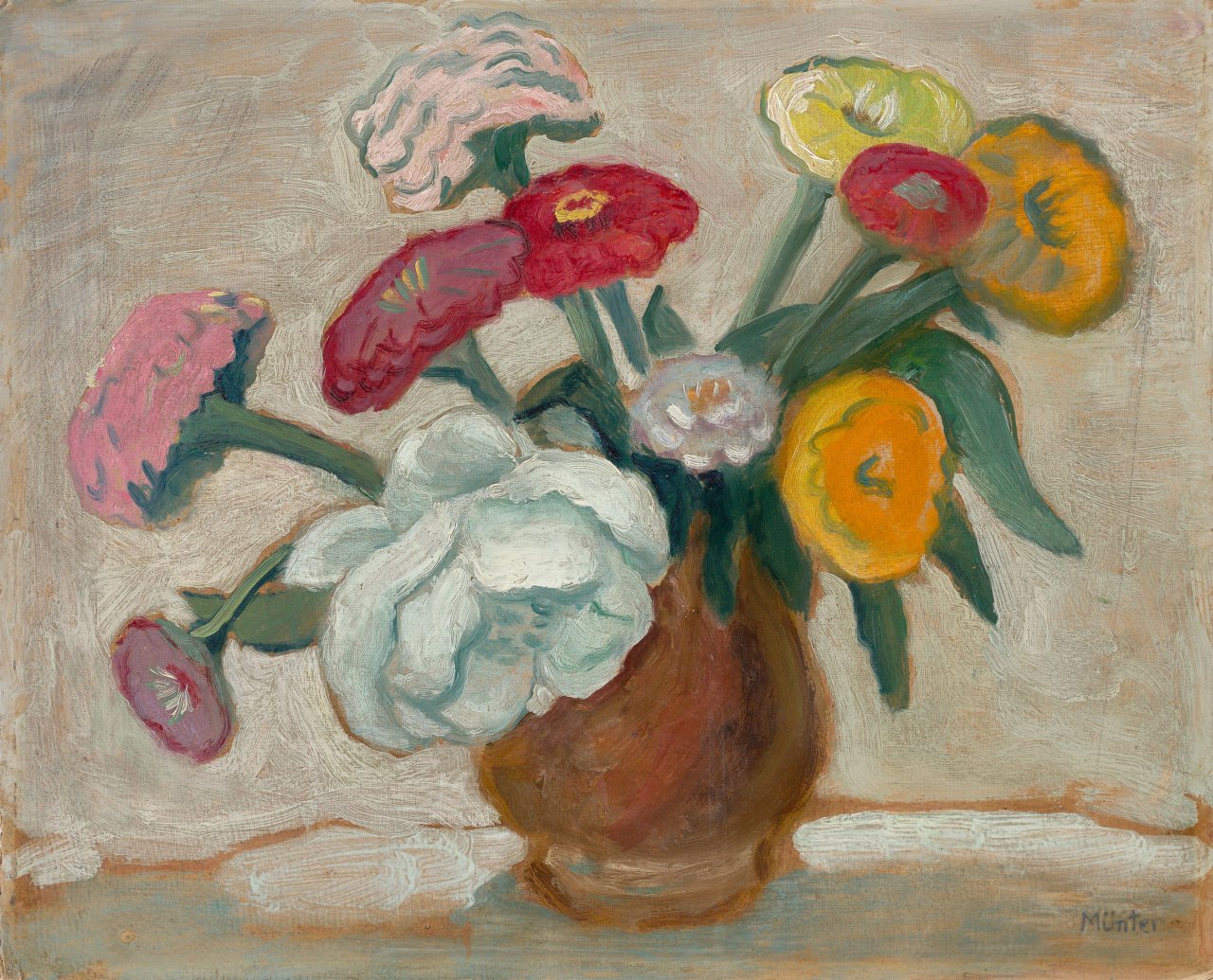 This picture shows the following artwork: Gabriele Münter. ”Zinnien und weiße Rose”. 1935.