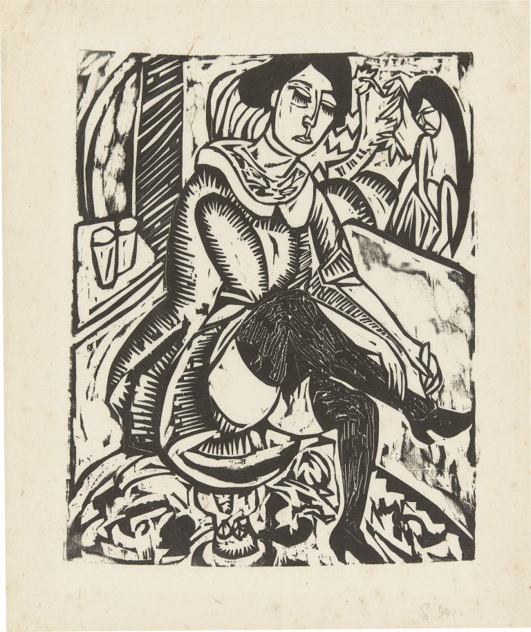 Auf diesem Bild ist das folgende Kunstwerk zu sehen: Ernst Ludwig Kirchner. „Frau, Schuh zuknöpfend“. 1912/13.