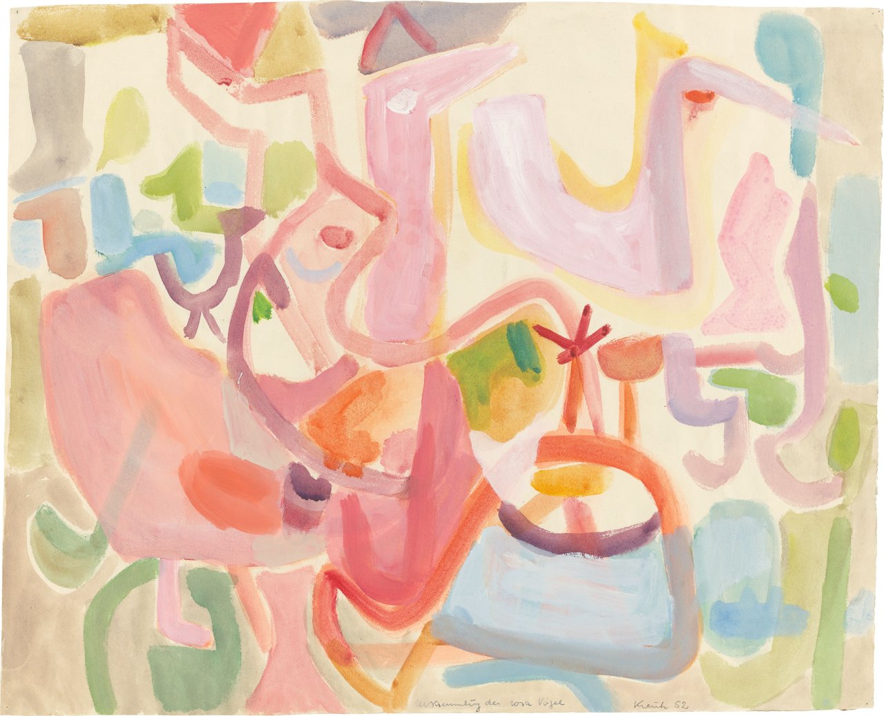 This picture shows the following artwork: Heinz Kreutz. ”Versammlung der rosa Vögel”. 1952.