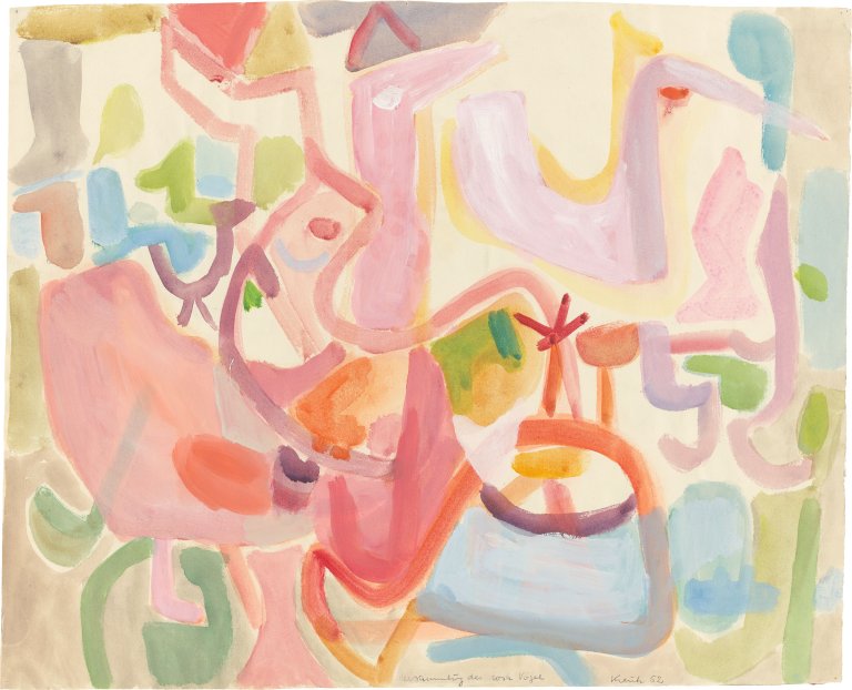 This picture shows the following artwork: Heinz Kreutz. ”Versammlung der rosa Vögel”. 1952.