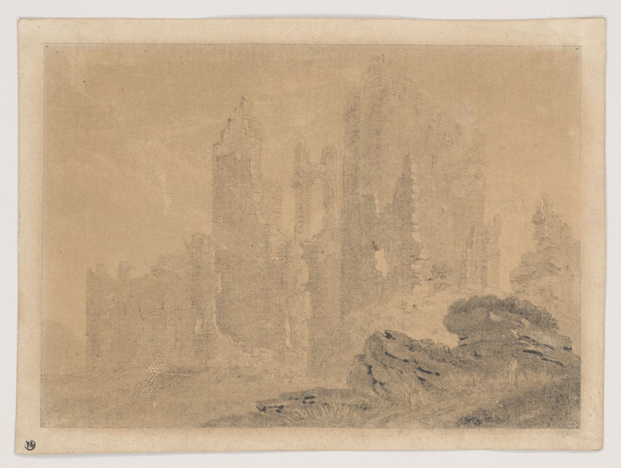 This picture shows the following artwork:  German, circa 1800. Ruin in the mist. Circa 1800.