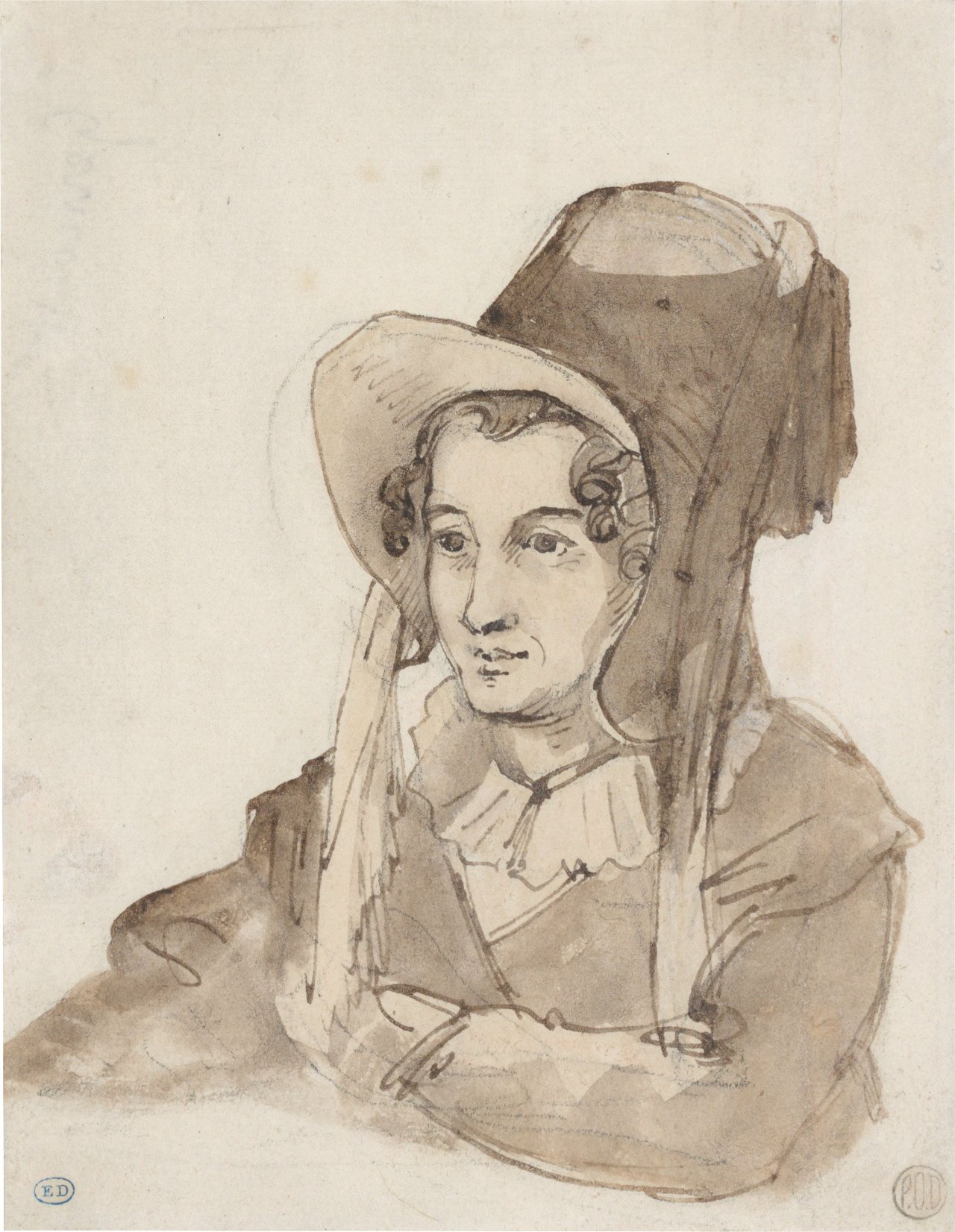 Auf diesem Bild ist das folgende Kunstwerk zu sehen: Théodore Géricault. „Étude de femme au grand chapeau“ (Studie einer jungen Frau mit Hut).