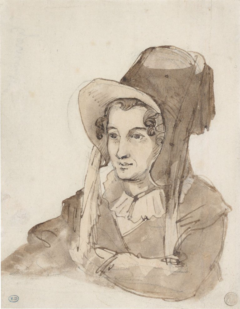 This picture shows the following artwork: Théodore Géricault. ”Étude de femme au grand chapeau” (study of a young woman with hat).