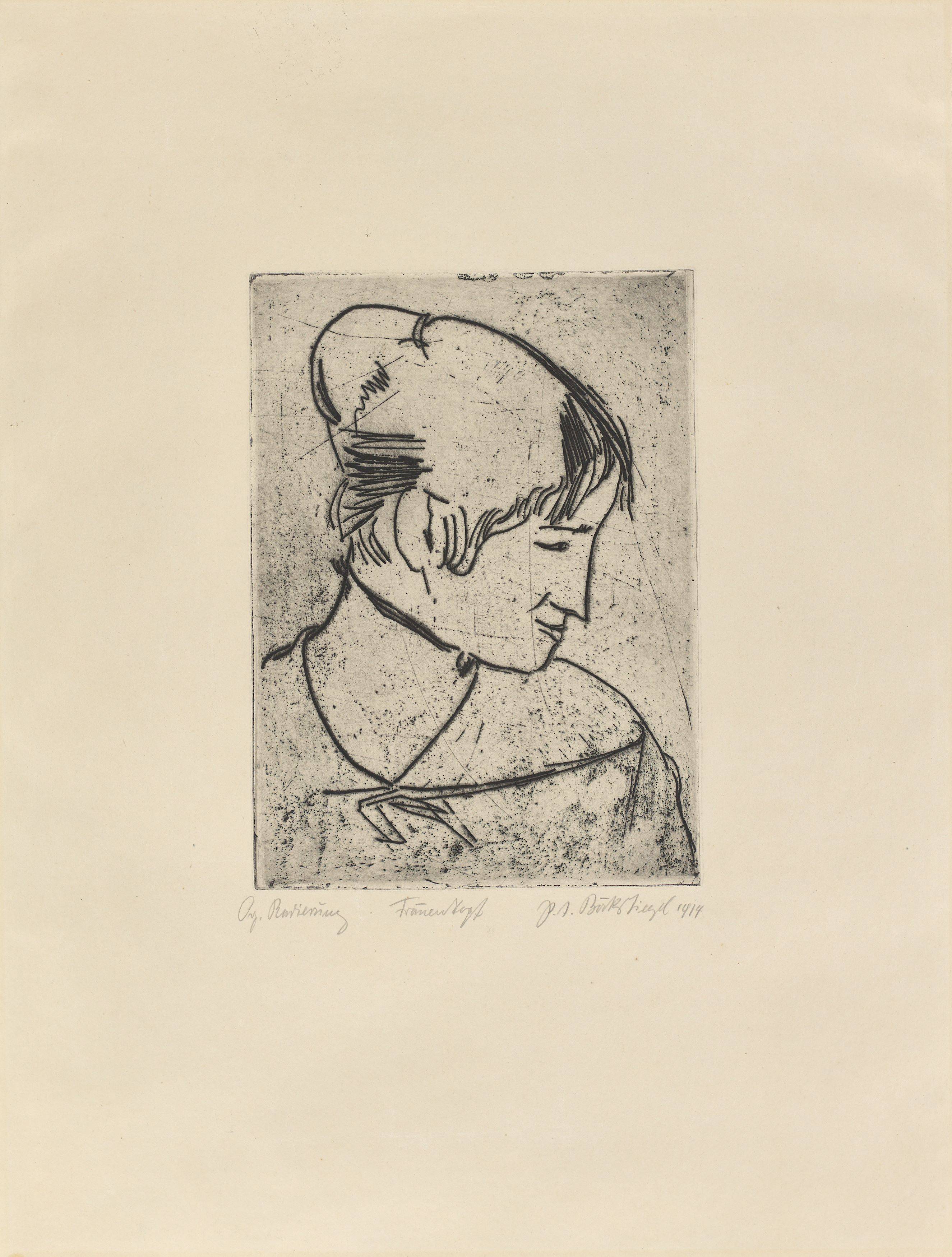 This picture shows the following artwork: Peter August Böckstiegel. ”Frauenkopf im Profil nach rechts”. 1913/14.