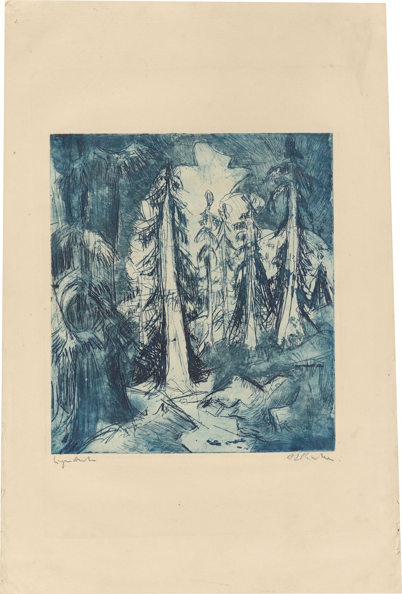 Auf diesem Bild ist das folgende Kunstwerk zu sehen: Ernst Ludwig Kirchner. „Alpenweg mit Wettertannen“. 1919.