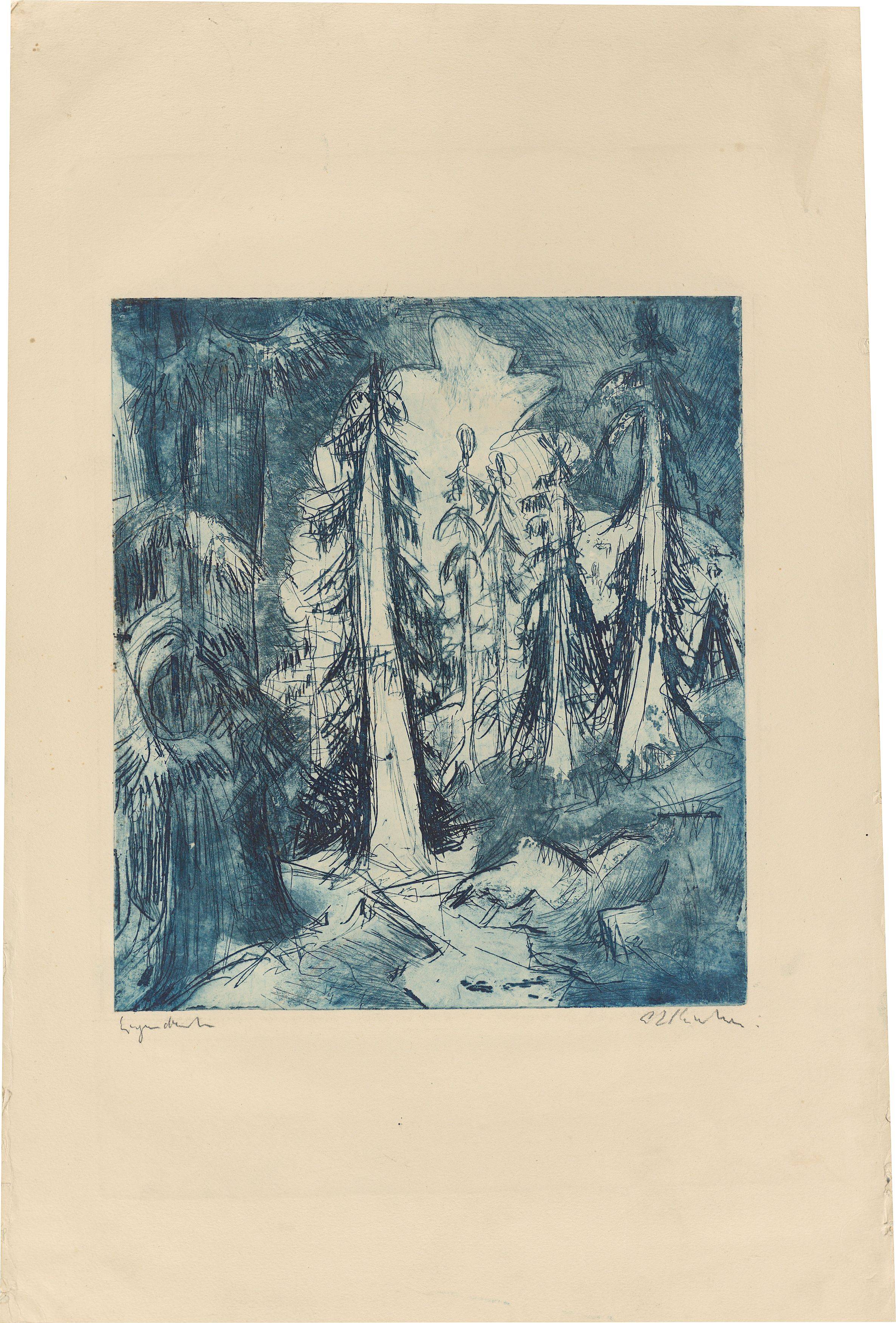 Auf diesem Bild ist das folgende Kunstwerk zu sehen: Ernst Ludwig Kirchner. „Alpenweg mit Wettertannen“. 1919.
