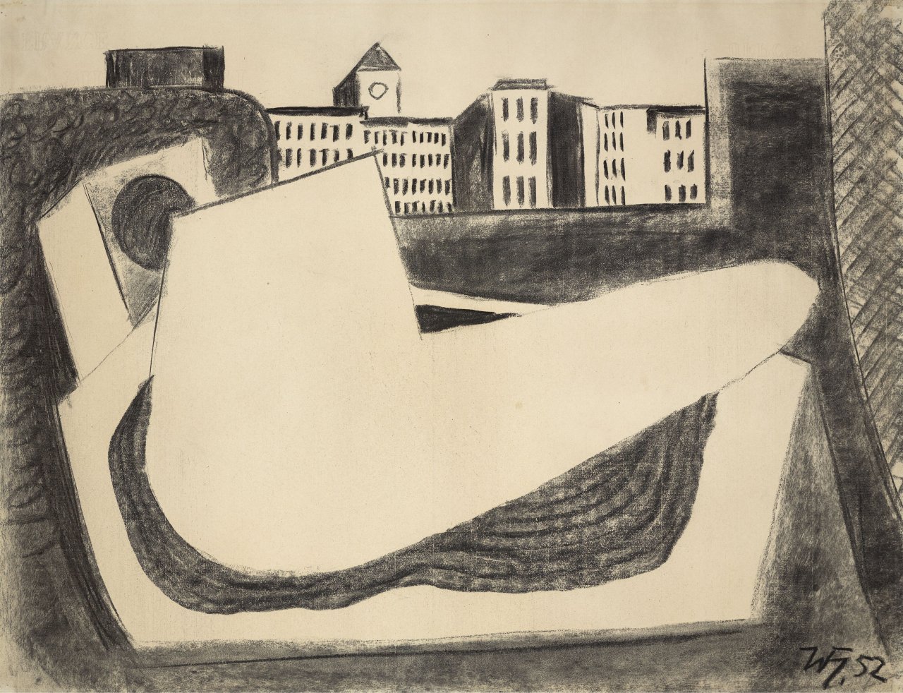 This picture shows the following artwork: Werner Heldt. ”Stadtbild mit Pfeife”. 1952.