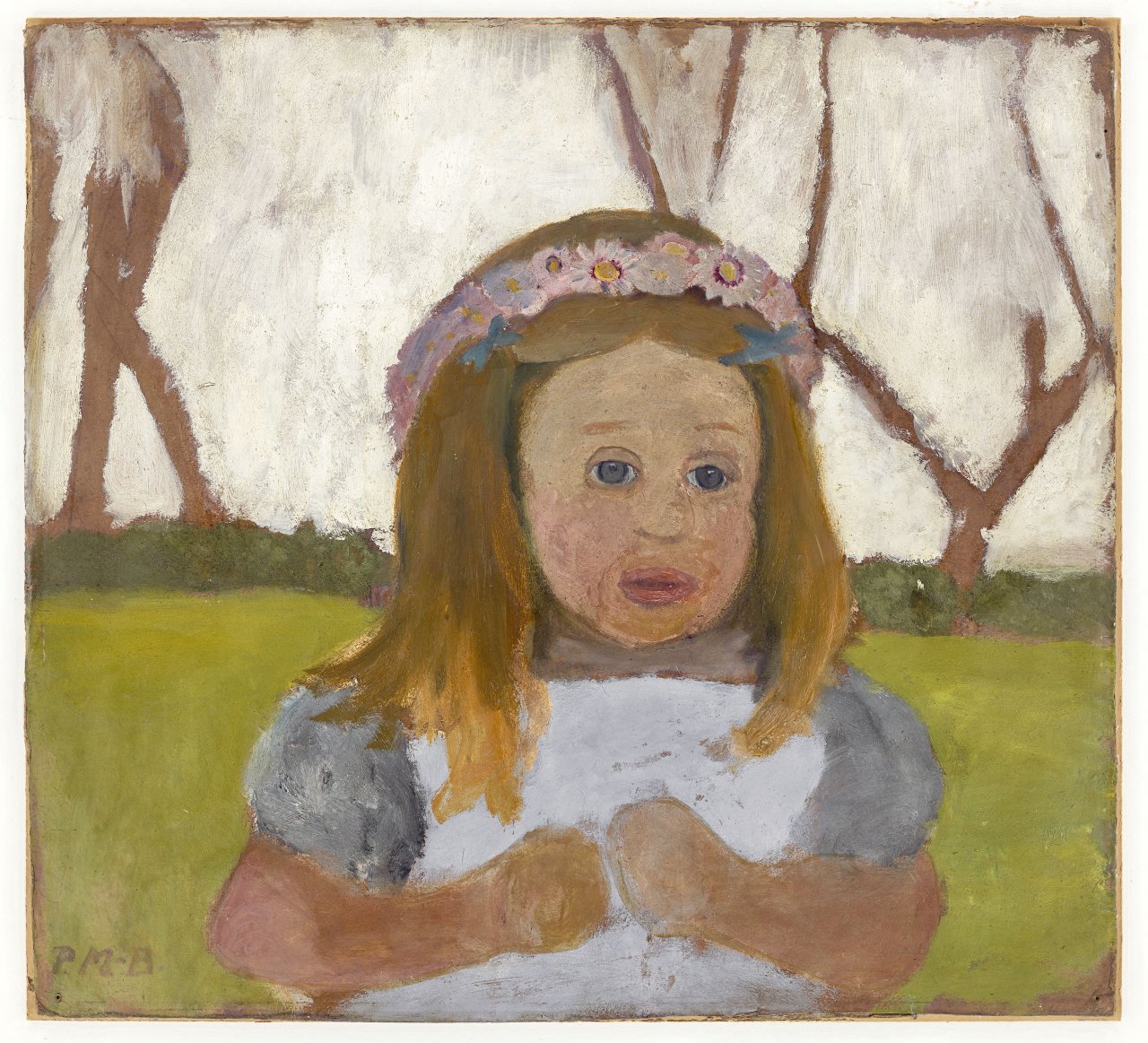 This picture shows the following artwork: Paula Modersohn-Becker. ”Brustbild Elsbeth mit Margeriten im Haar”. Circa 1901.