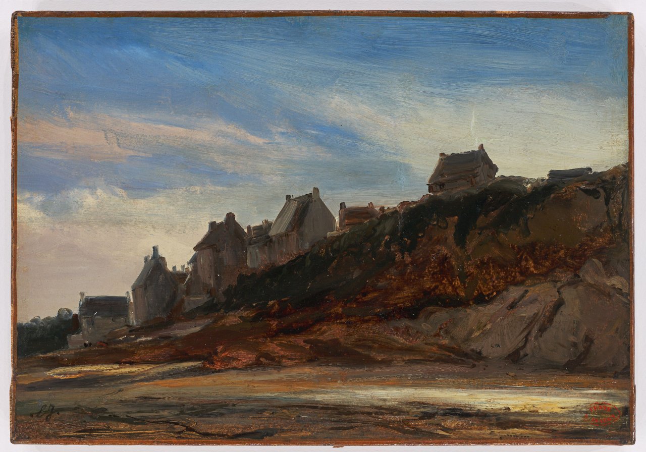 Auf diesem Bild ist das folgende Kunstwerk zu sehen: Louis-Gabriel-Eugène Isabey. Häuser an einer felsigen Küste.