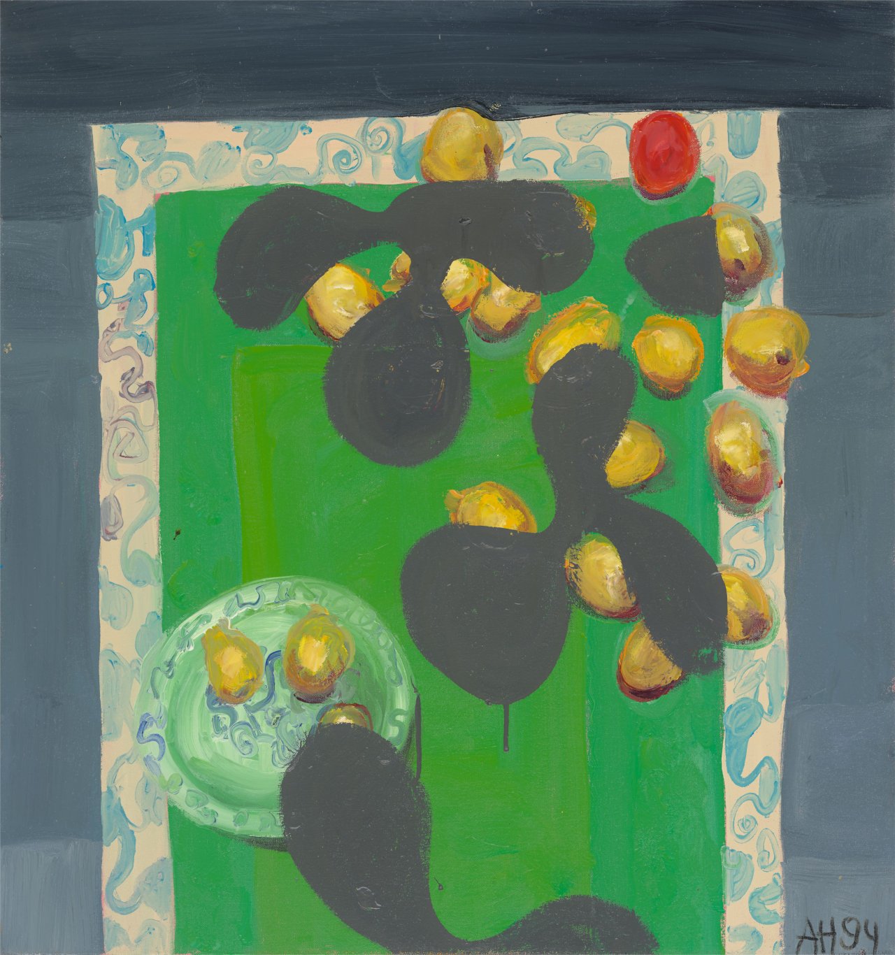 Auf diesem Bild ist das folgende Kunstwerk zu sehen: Anton Henning. „Modernes Stilleben mit modernen Früchten“. 1994.