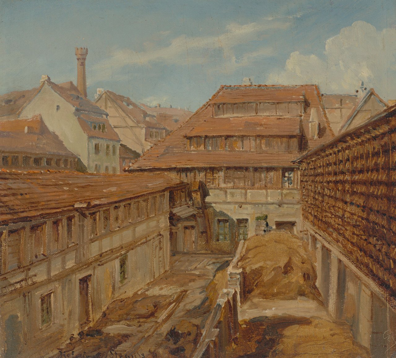 This picture shows the following artwork:  Dresden, 1867. View over the rooftops (Palmstr. 64 in Dresden). 1867.