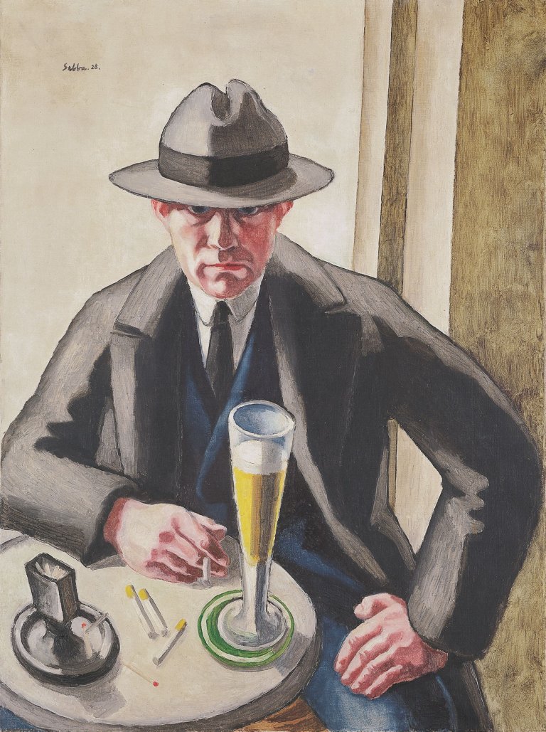 Auf diesem Bild ist das folgende Kunstwerk zu sehen: Selbstporträt mit Bierglas. 1928.