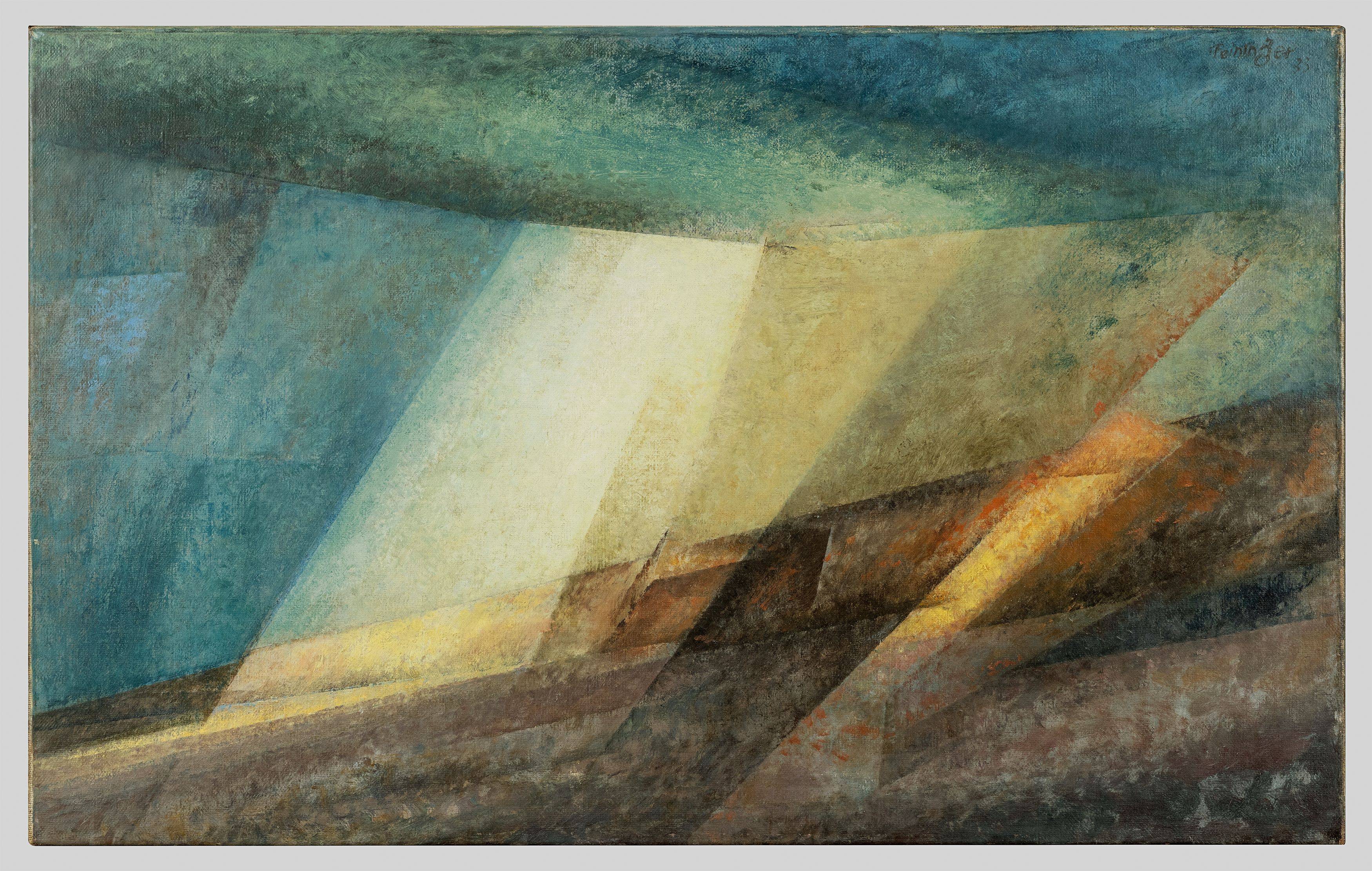 Auf diesem Bild ist das folgende Kunstwerk zu sehen: Lyonel Feininger. „Düne im Lichtstrahl I“ („Dune, Ray of Light I“). 1933.