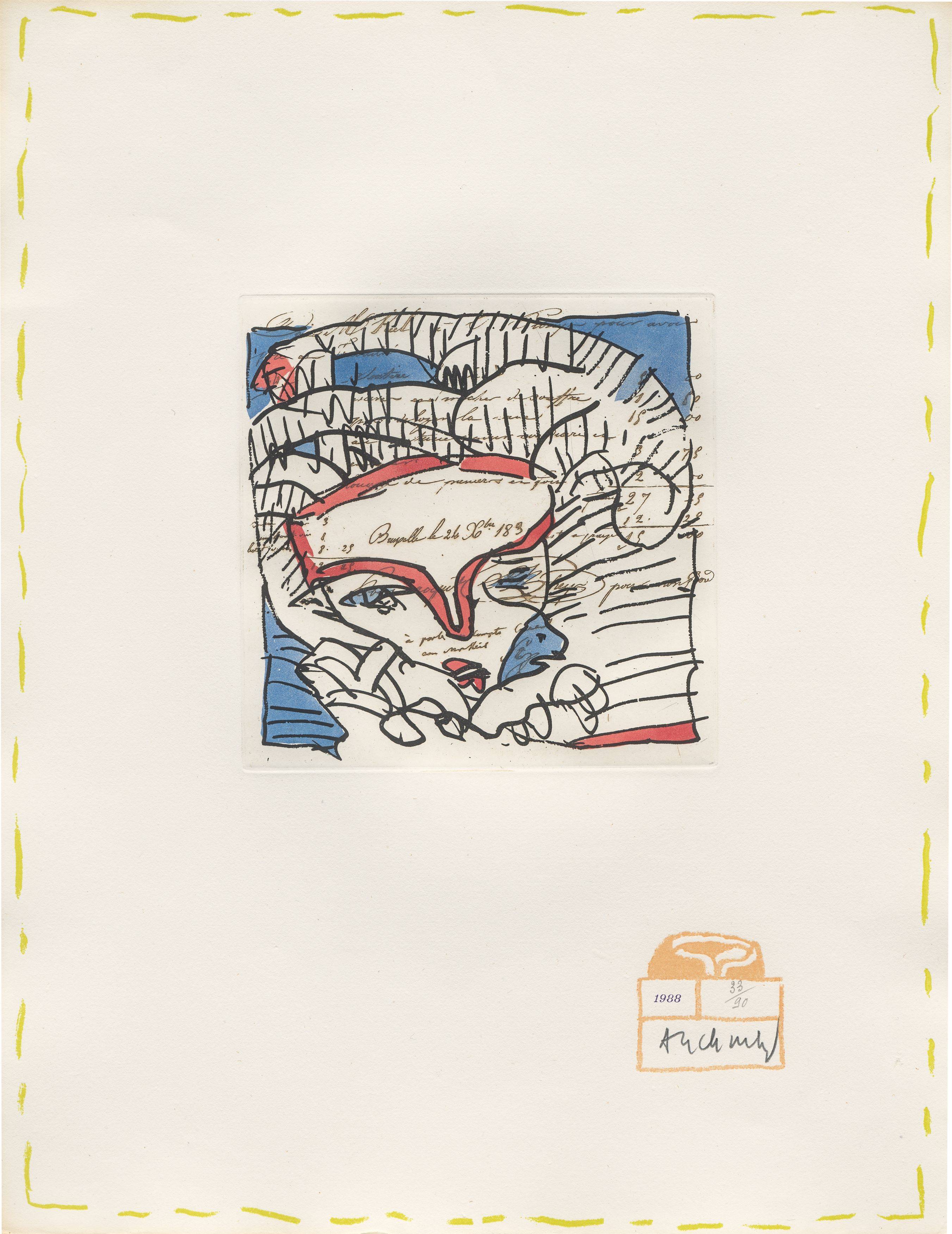 This picture shows the following artwork: Pierre Alechinsky. ”Eugène lonesco – Chaque Matin”. 1988.