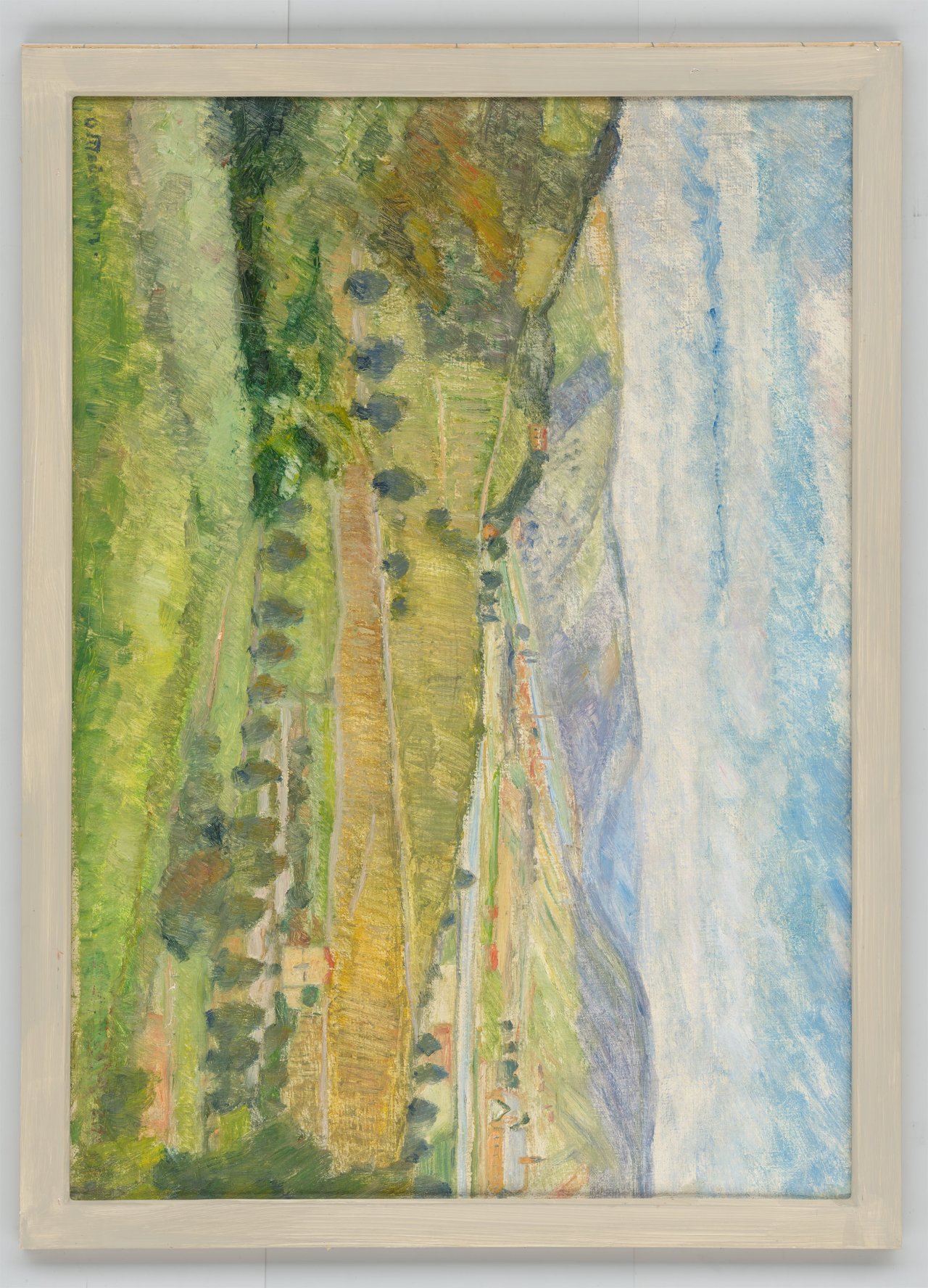 This picture shows the following artwork: Otto Modersohn. ”Frühlingsblumen in grünem Glas” / ”Mainlandschaft”. 1934 / circa 1925.