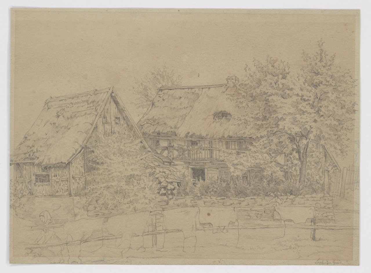 This picture shows the following artwork:  German, circa 1870. Two study drawings: Loschwitzer Grund / Village church. No year / 1871.