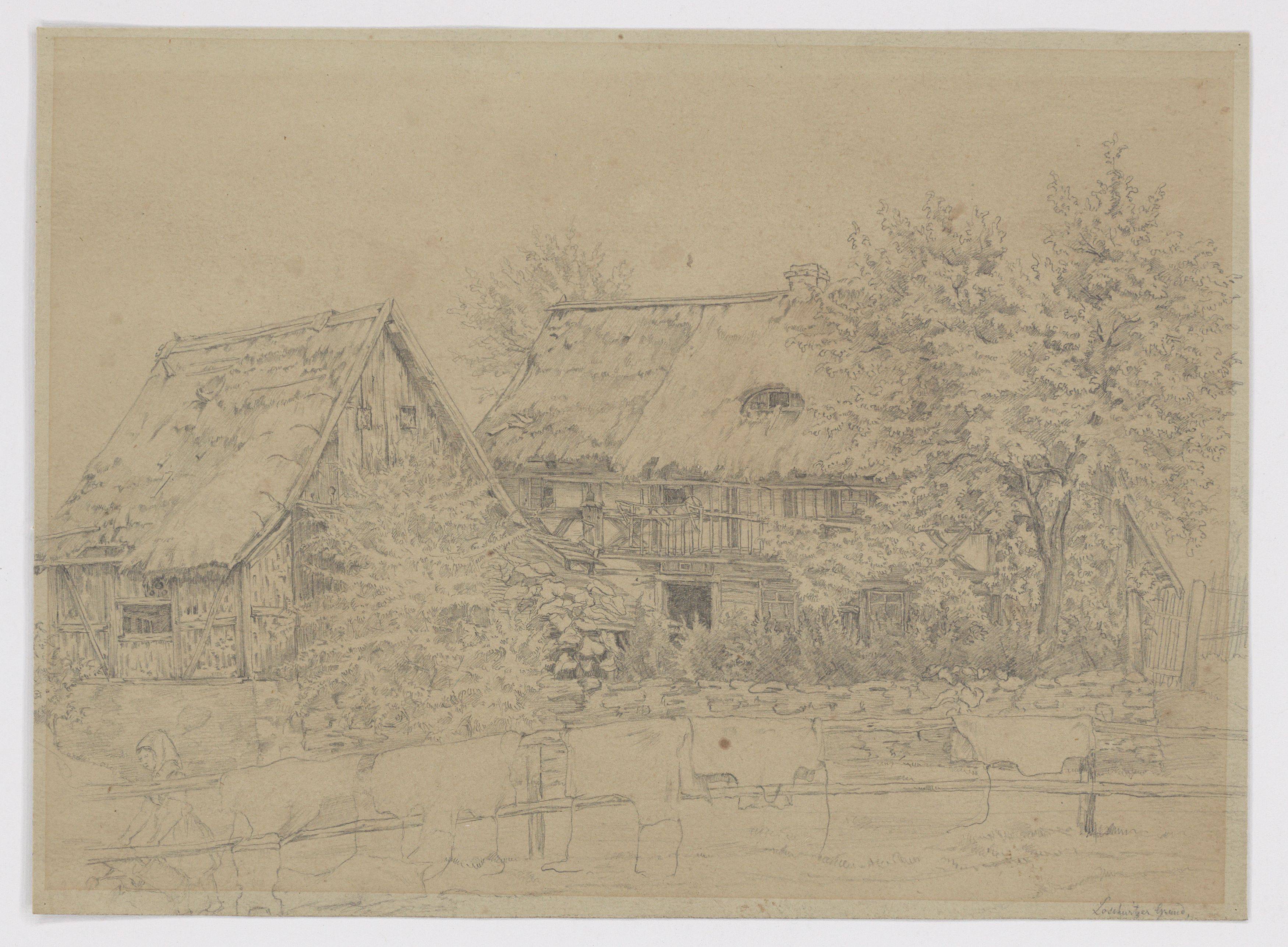 This picture shows the following artwork:  German, circa 1870. Two study drawings: Loschwitzer Grund / Village church. No year / 1871.