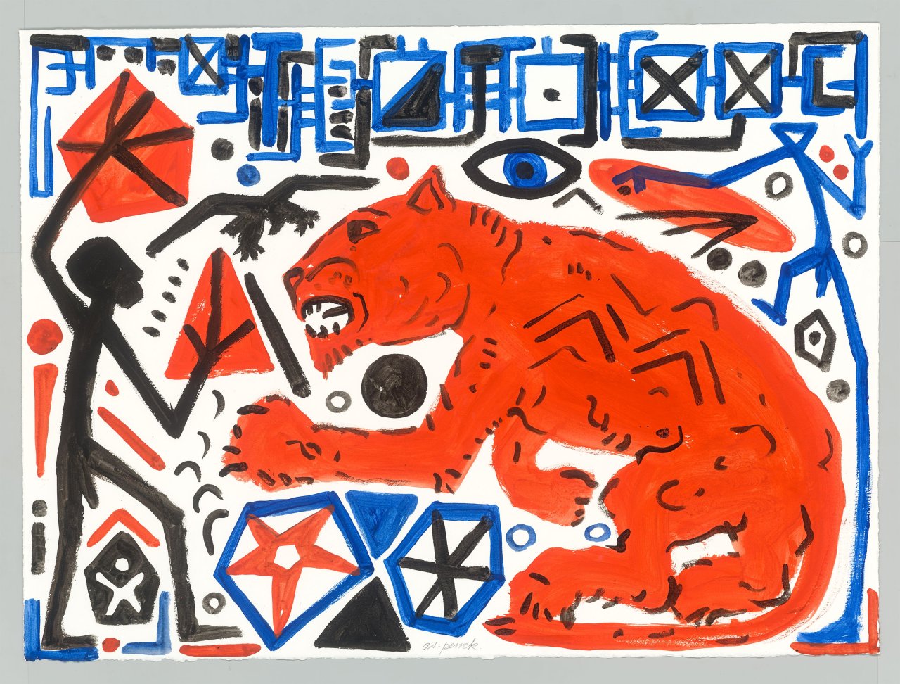 This picture shows the following artwork: A.R. Penck. ”Mann - roter Löwe”. Circa 1990.
