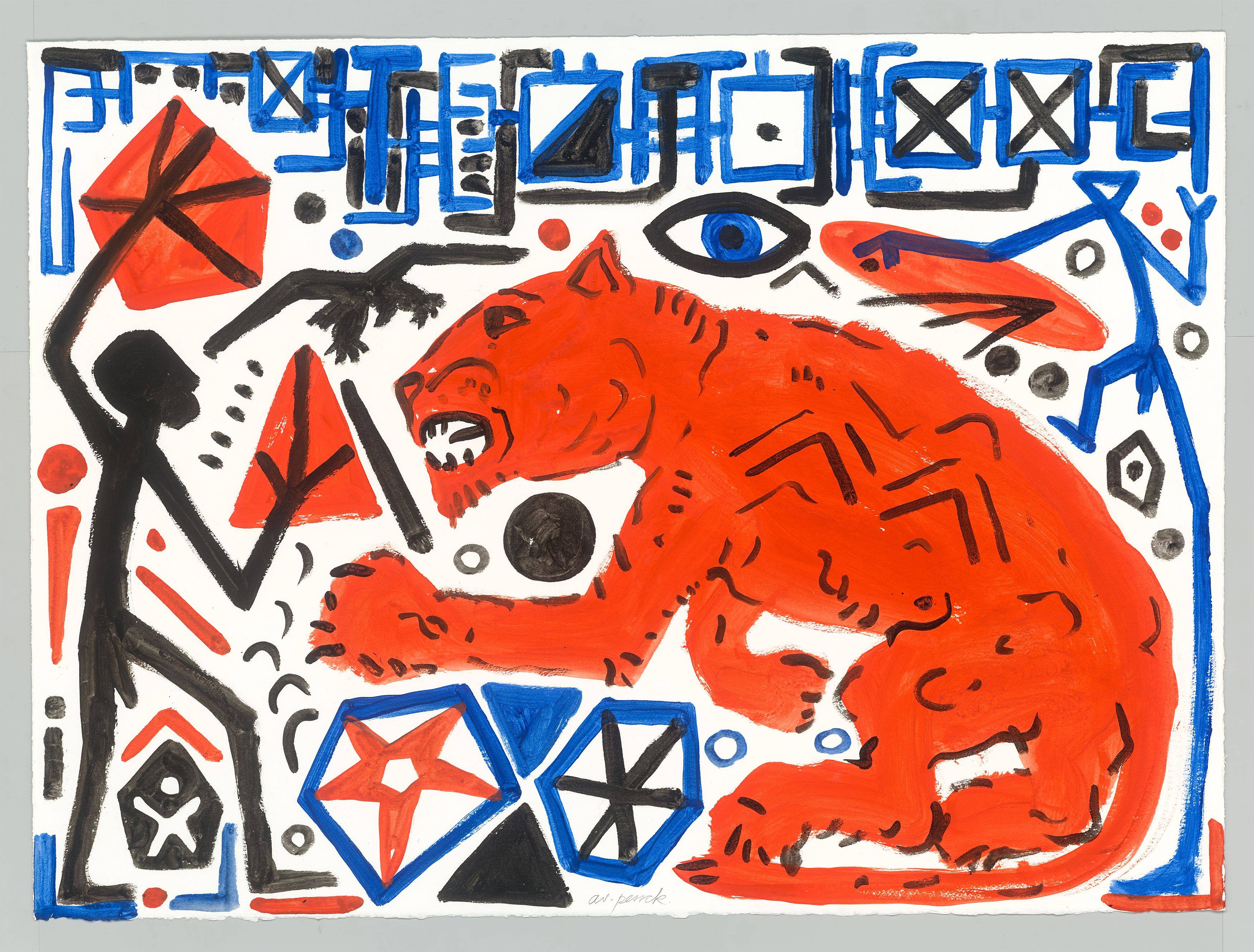 This picture shows the following artwork: A.R. Penck. ”Mann - roter Löwe”. Circa 1990.
