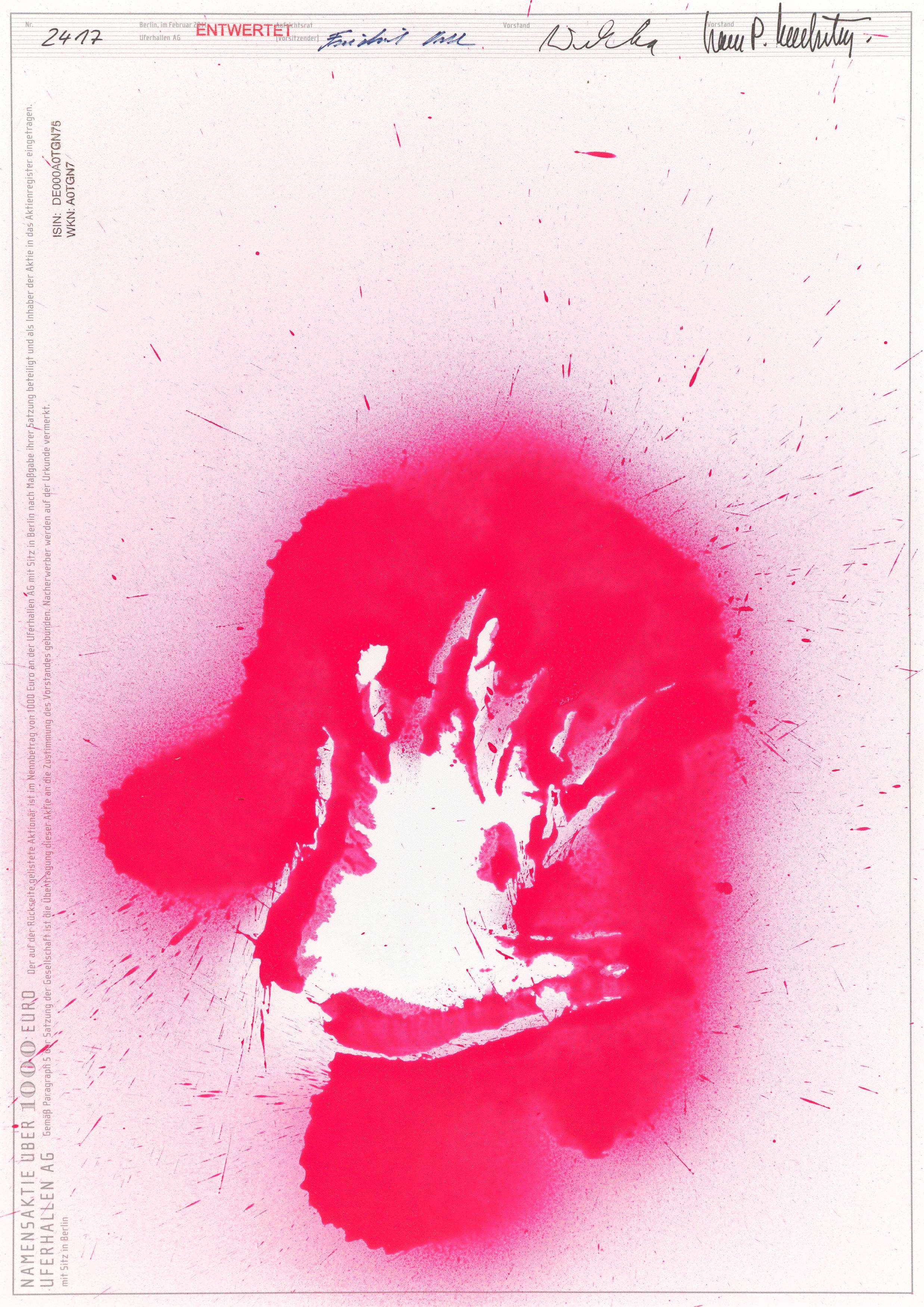 This picture shows the following artwork: Katharina Grosse. Drei Kunstaktien der UferHallen AG. 2011.