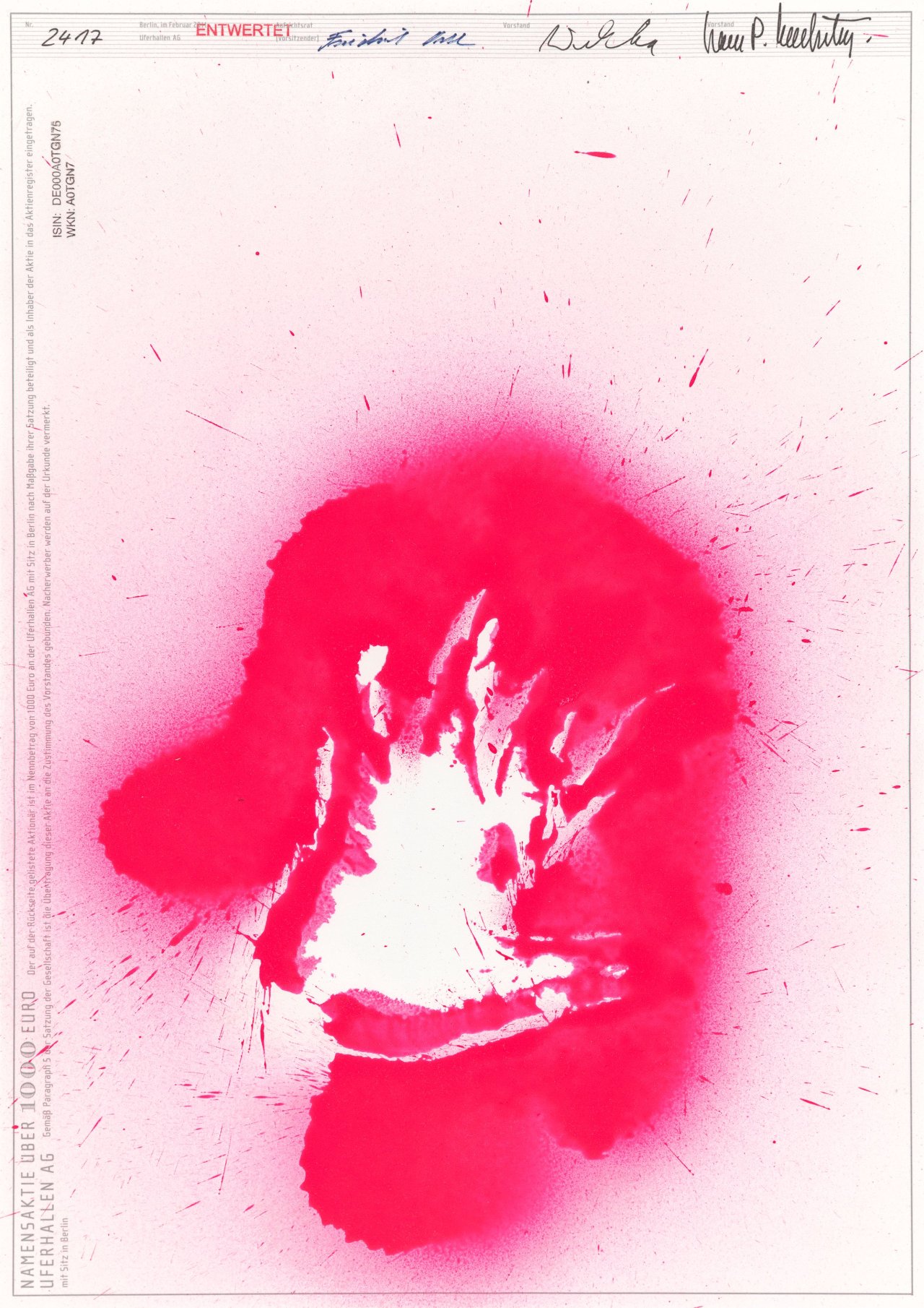 This picture shows the following artwork: Katharina Grosse. Drei Kunstaktien der UferHallen AG. 2011.