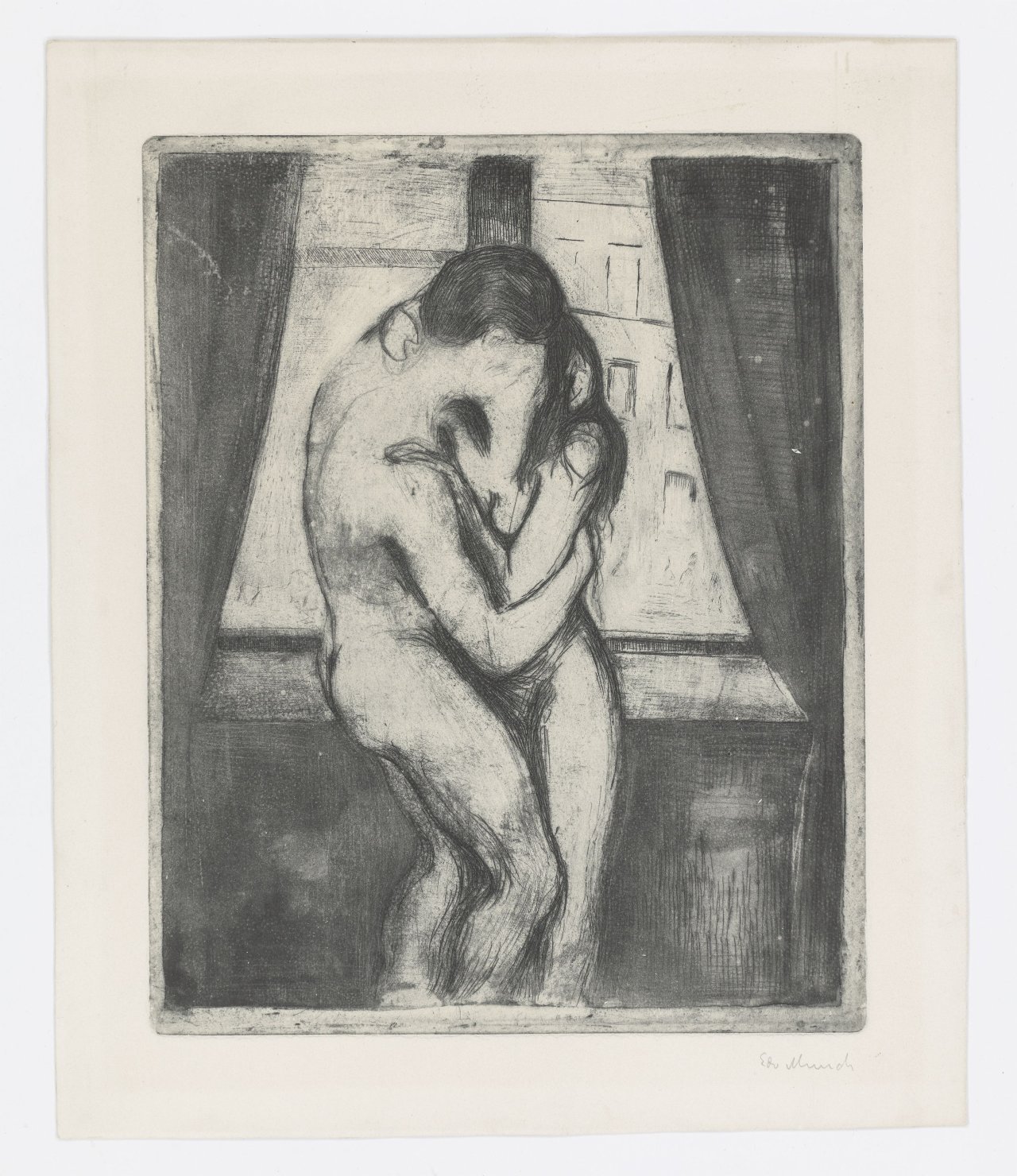 This picture shows the following artwork: Edvard Munch. ”Der Kuss”. 1895.