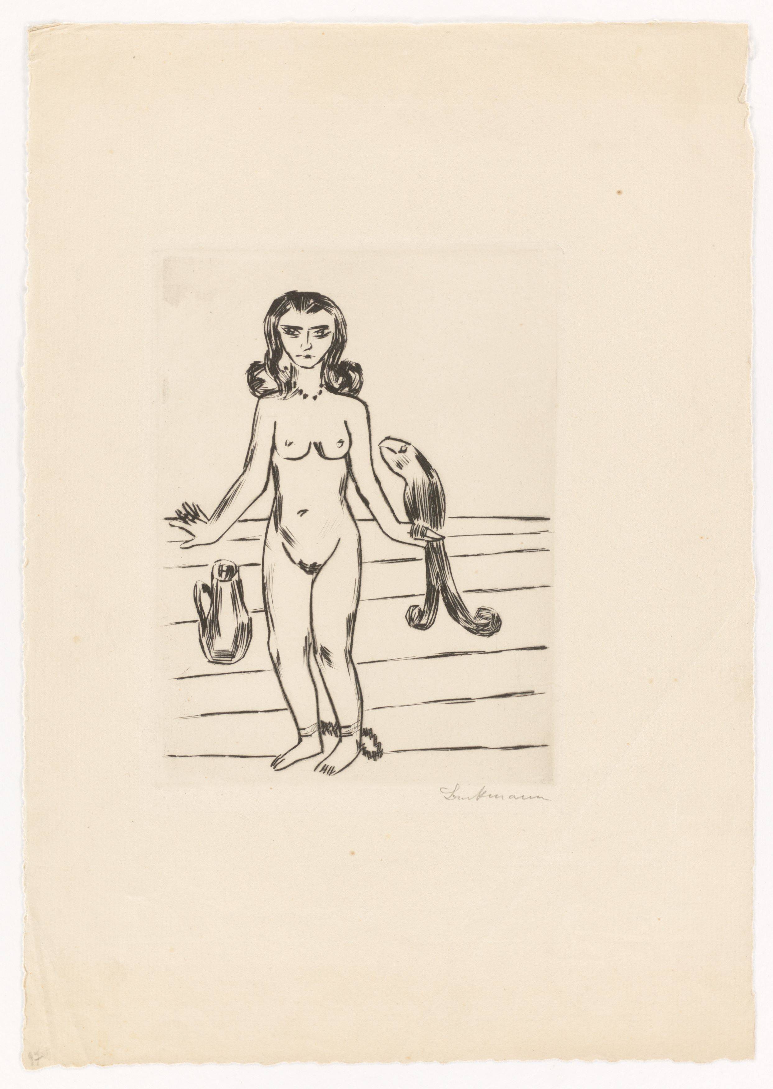 Auf diesem Bild ist das folgende Kunstwerk zu sehen: Max Beckmann. „Die Prinzessin Ursula von Bärwalde im Schlossturm von König Jerum gefangen, beraten von dem guten Vogel Neuntöter“. 1923/24.