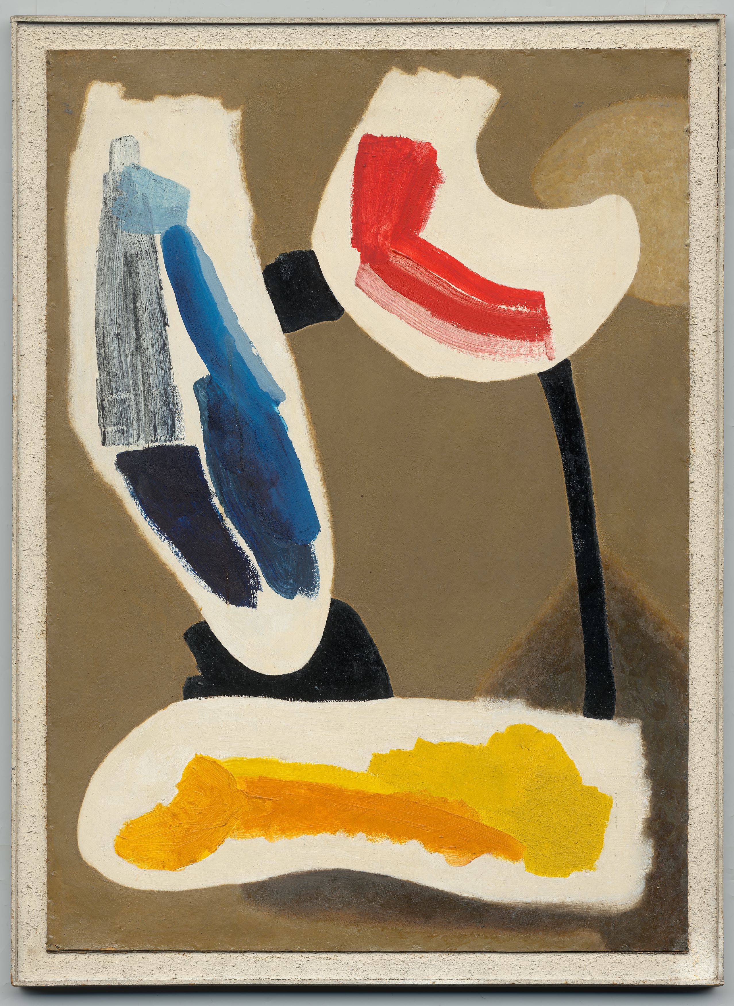 Auf diesem Bild ist das folgende Kunstwerk zu sehen: Carl Buchheister. „Komposition Be-er-ge (=b-lau, r-ot. g-elb)“. 1953.